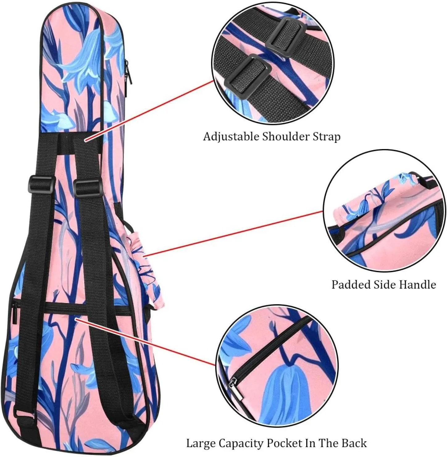 23 Inch Concert Ukulele Case Bluebells Flowers Seamless on Pink Background Ukulele Padded Bag with Storage and Shoulder Straps
