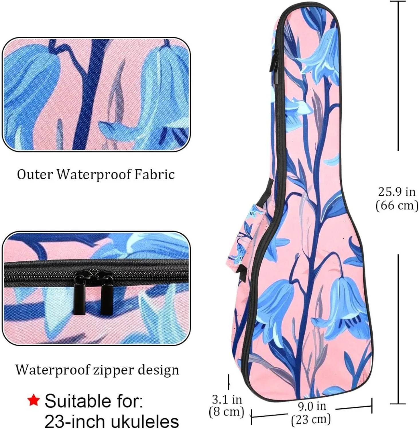23 Inch Concert Ukulele Case Bluebells Flowers Seamless on Pink Background Ukulele Padded Bag with Storage and Shoulder Straps