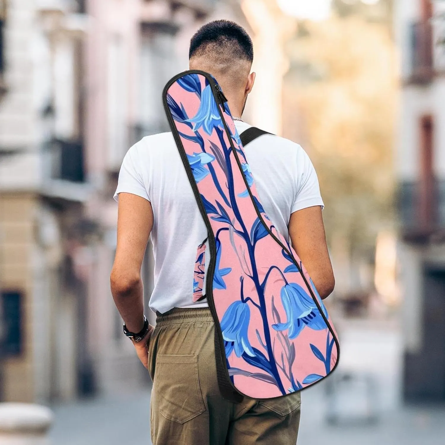 23 Inch Concert Ukulele Case Bluebells Flowers Seamless on Pink Background Ukulele Padded Bag with Storage and Shoulder Straps