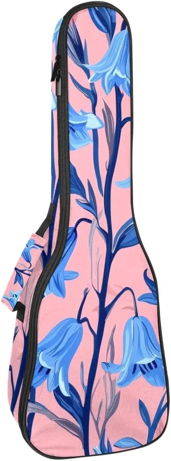 23 Inch Concert Ukulele Case Bluebells Flowers Seamless on Pink Background Ukulele Padded Bag with Storage and Shoulder Straps