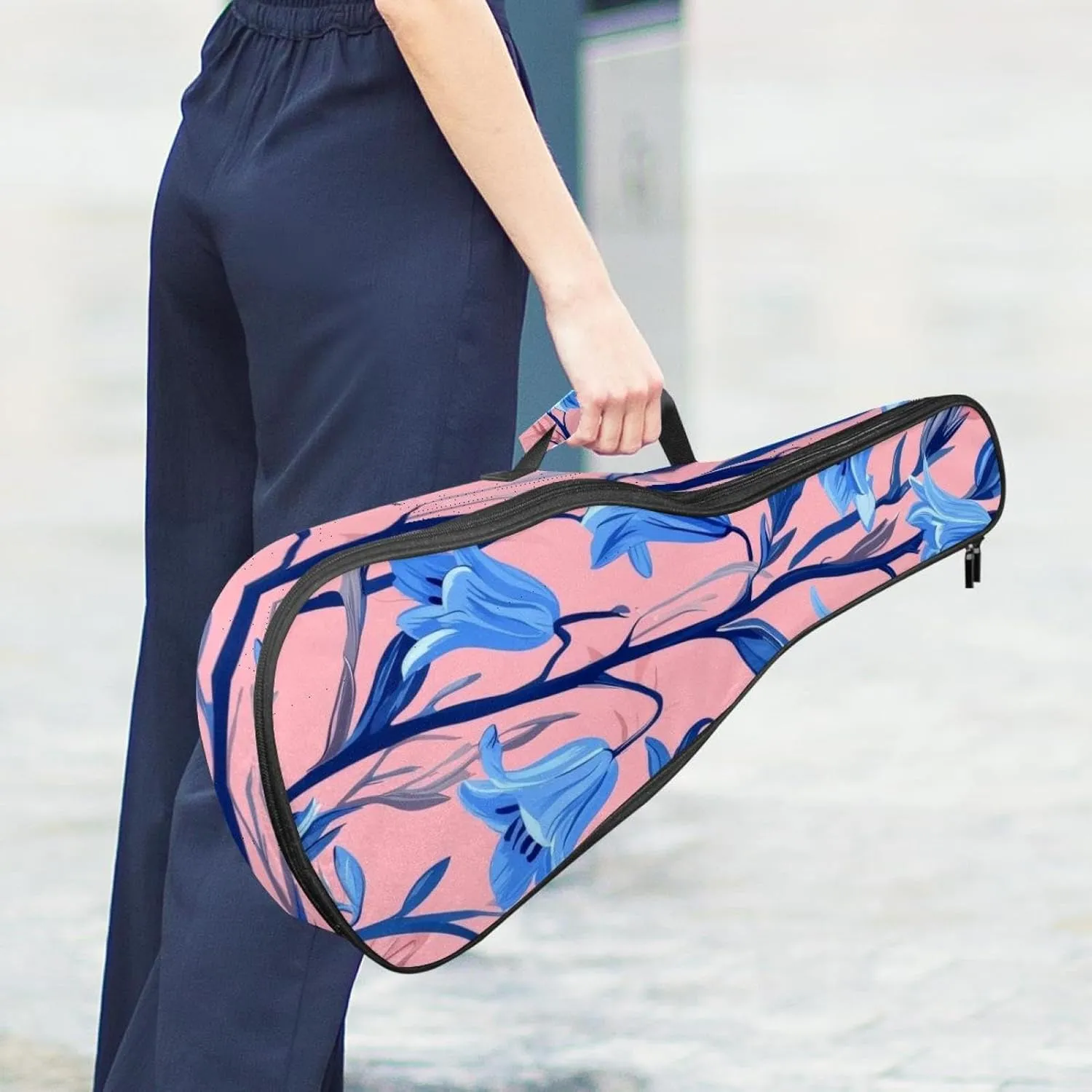 23 Inch Concert Ukulele Case Bluebells Flowers Seamless on Pink Background Ukulele Padded Bag with Storage and Shoulder Straps