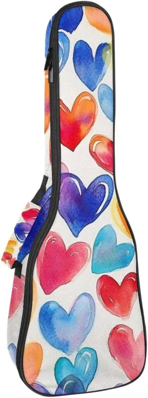 23 Inch Concert Ukulele Case Colorful Hearts Abstract Watercolor Seamless Pattern Ukulele Padded Bag with Storage and Shoulder Straps