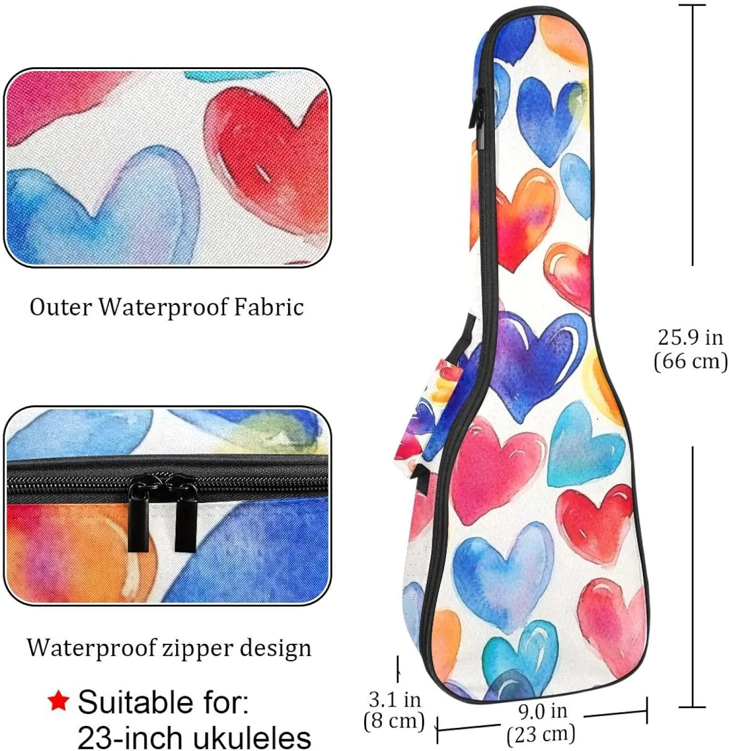 23 Inch Concert Ukulele Case Colorful Hearts Abstract Watercolor Seamless Pattern Ukulele Padded Bag with Storage and Shoulder Straps