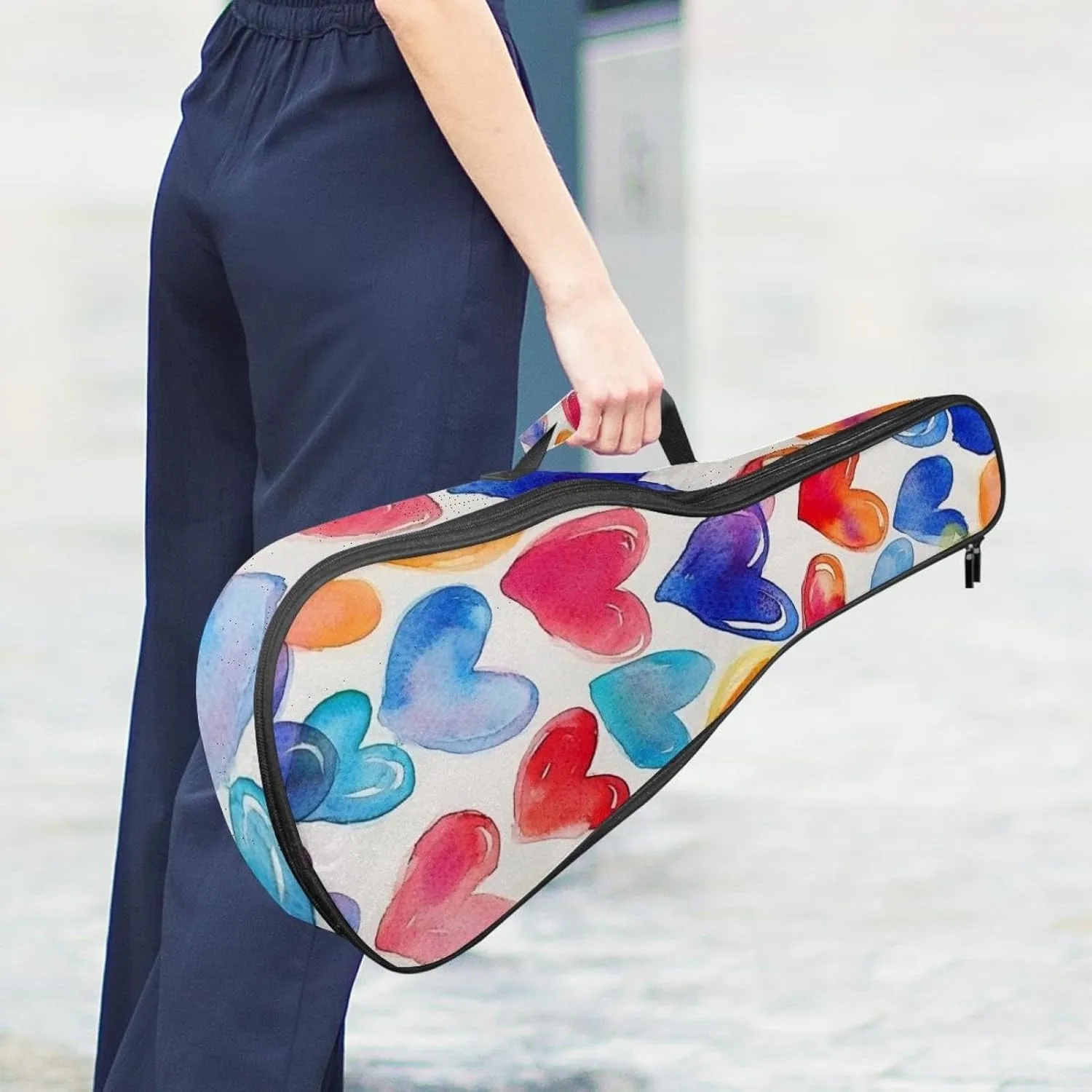 23 Inch Concert Ukulele Case Colorful Hearts Abstract Watercolor Seamless Pattern Ukulele Padded Bag with Storage and Shoulder Straps