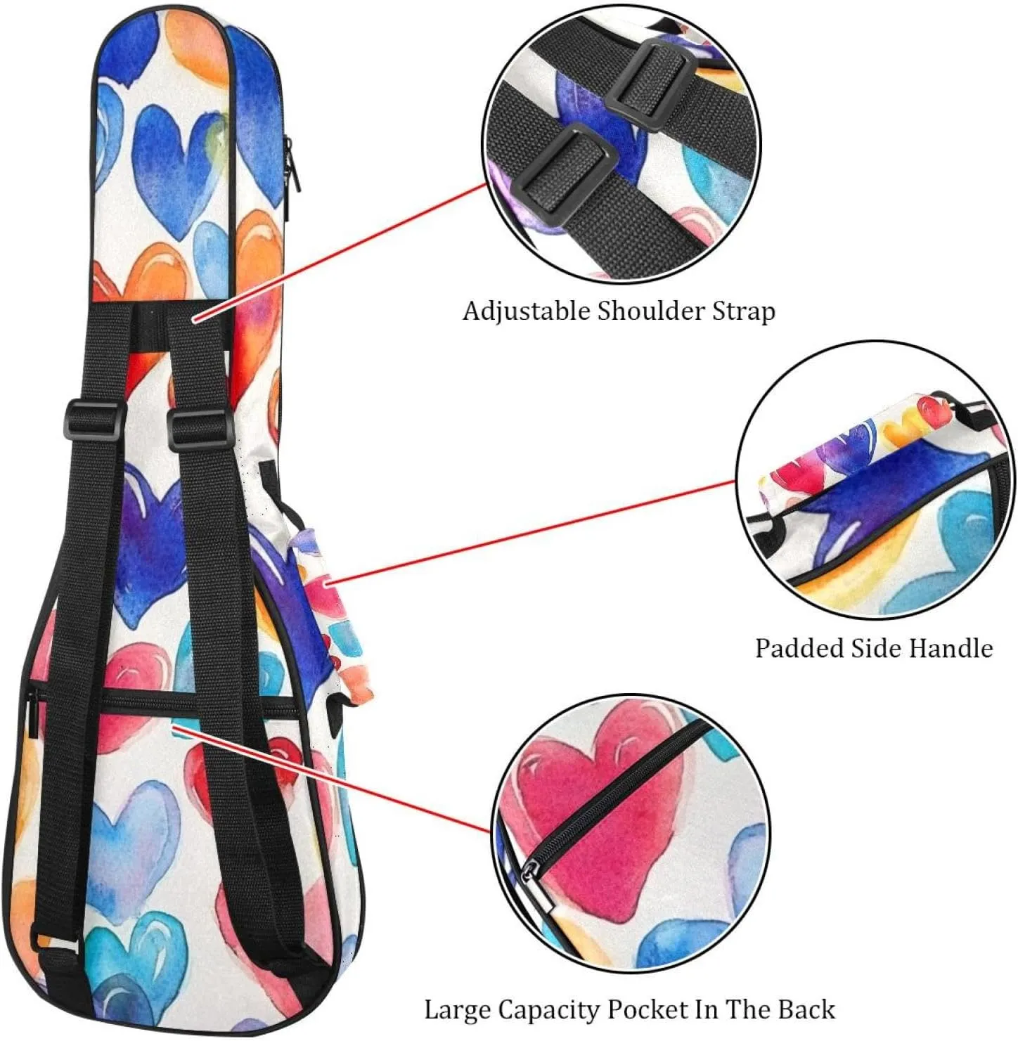 23 Inch Concert Ukulele Case Colorful Hearts Abstract Watercolor Seamless Pattern Ukulele Padded Bag with Storage and Shoulder Straps