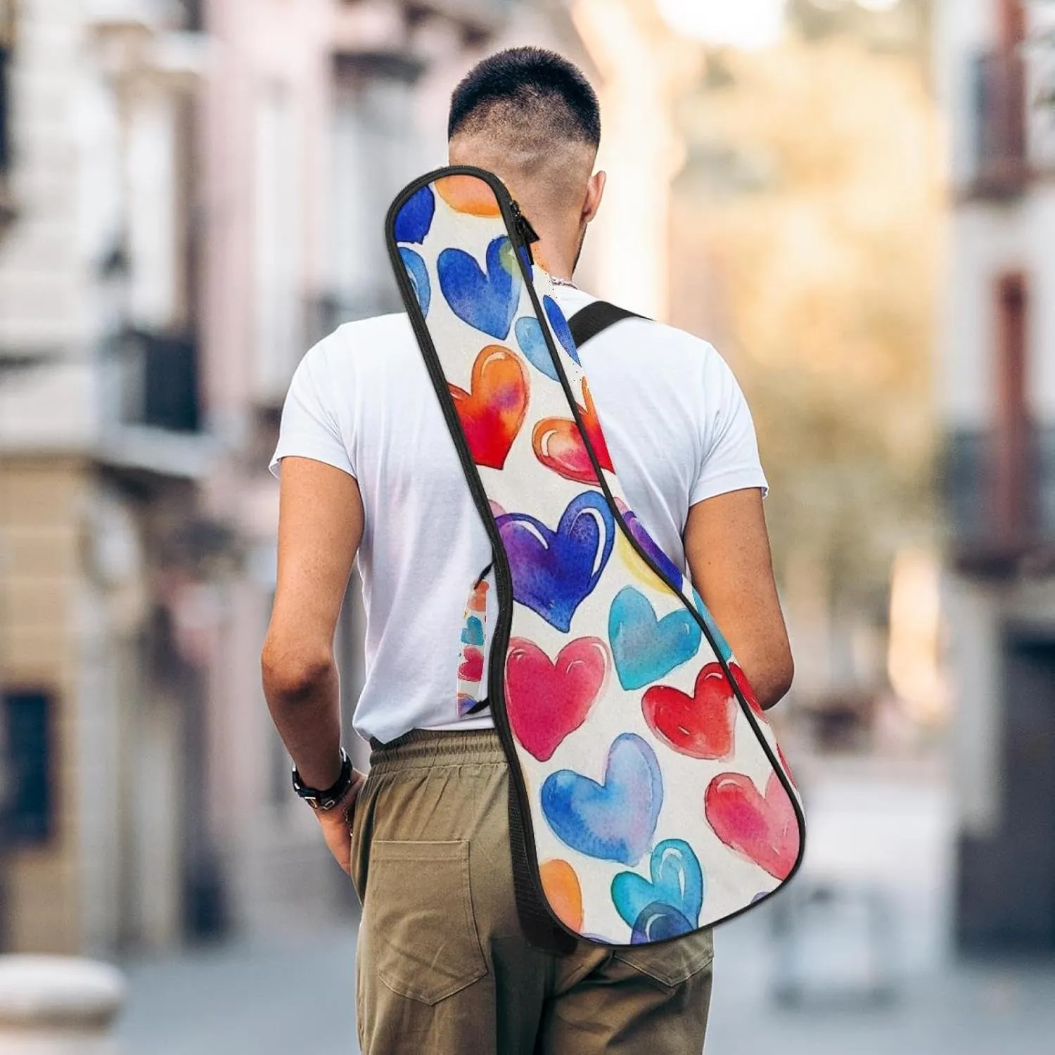 23 Inch Concert Ukulele Case Colorful Hearts Abstract Watercolor Seamless Pattern Ukulele Padded Bag with Storage and Shoulder Straps