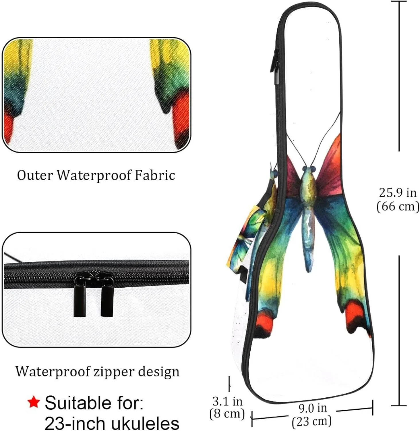 23 Inch Concert Ukulele Case Colorful Watercolor Butterfly Ukulele Padded Bag with Storage and Shoulder Straps