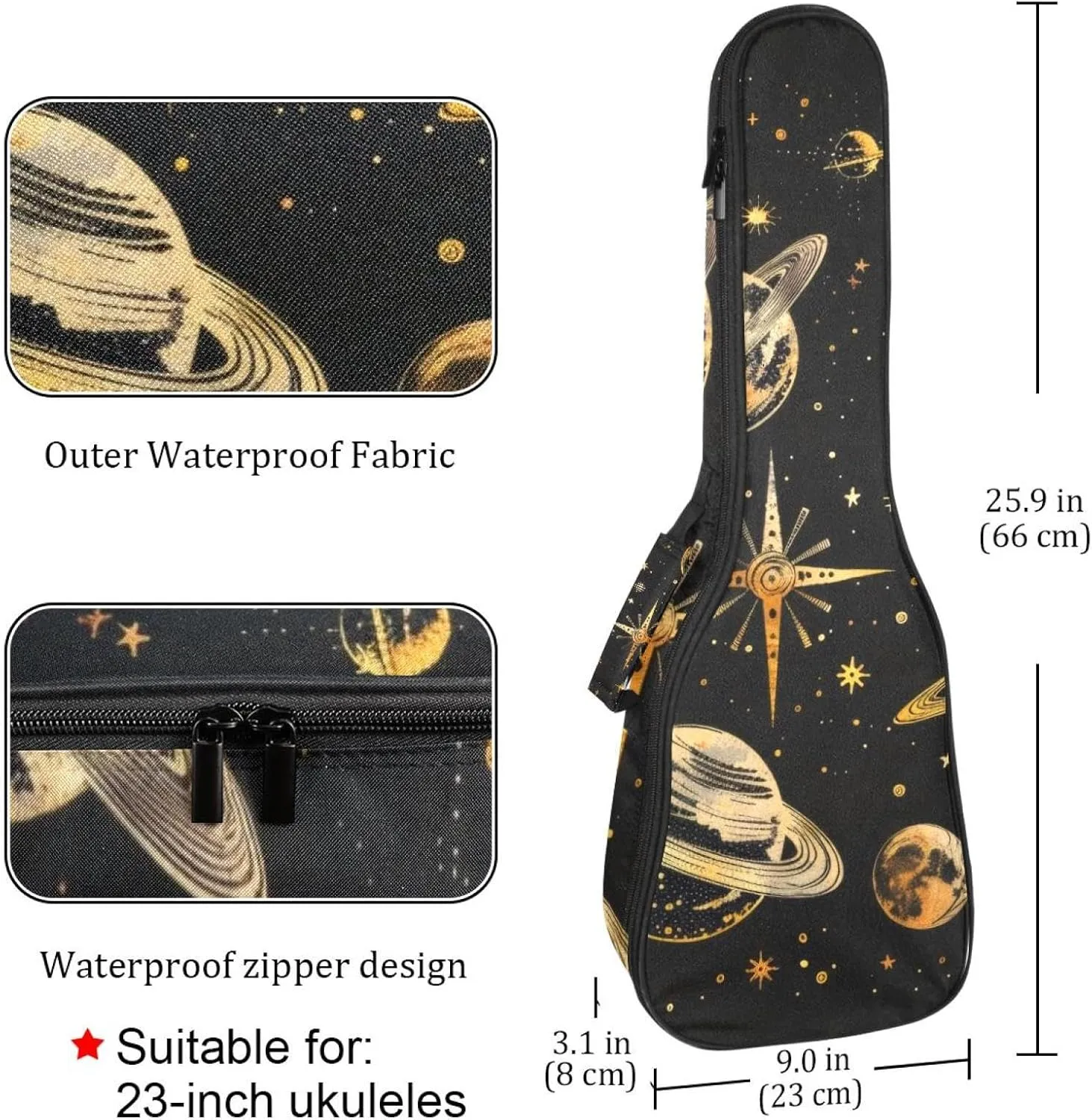 23 Inch Concert Ukulele Case Cool Planets Solar System Galaxy and Stars Pattern Ukulele Padded Bag with Storage and Shoulder Straps