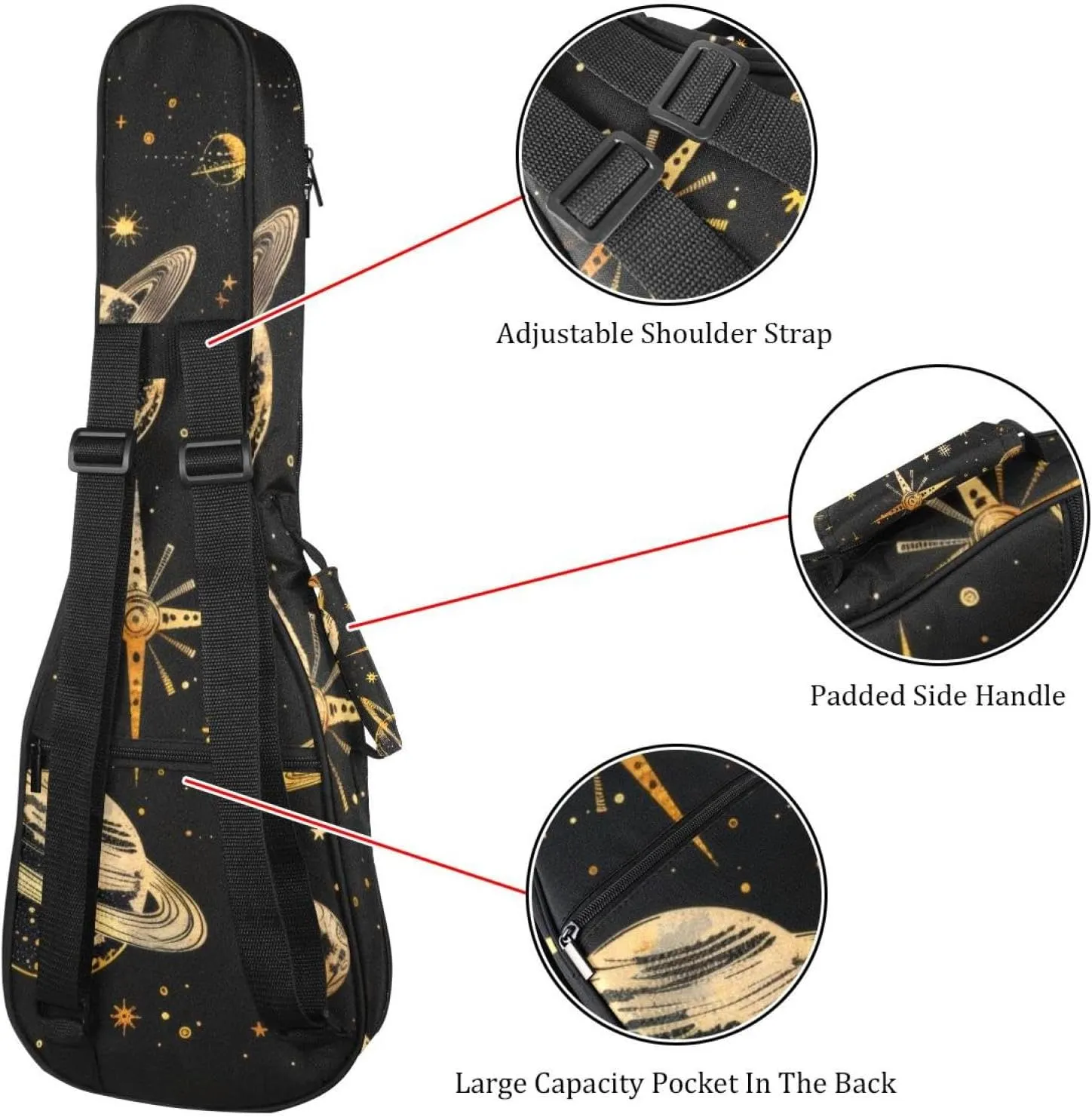 23 Inch Concert Ukulele Case Cool Planets Solar System Galaxy and Stars Pattern Ukulele Padded Bag with Storage and Shoulder Straps