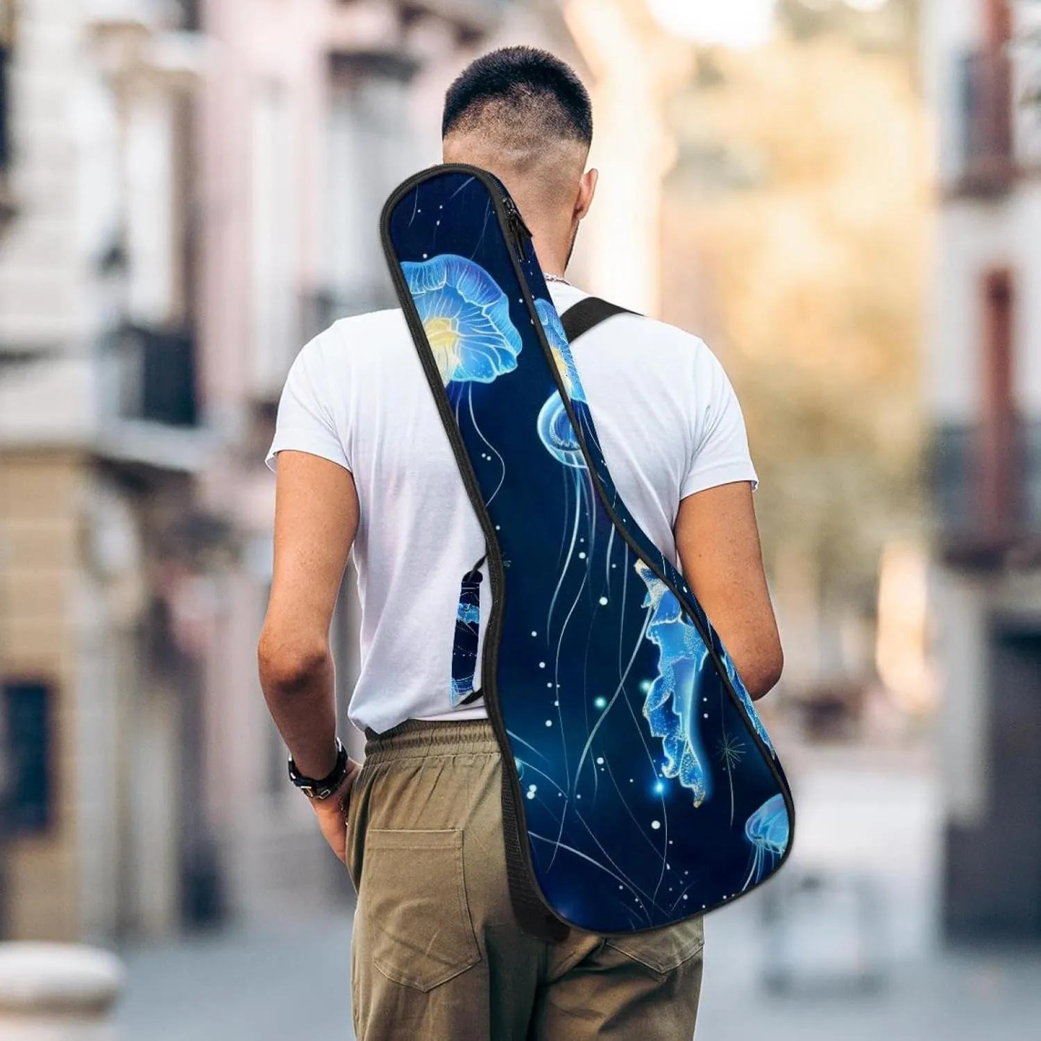 23 Inch Concert Ukulele Case Glowing Blue Jellyfish Seamless Pattern Ukulele Padded Bag with Storage and Shoulder Straps
