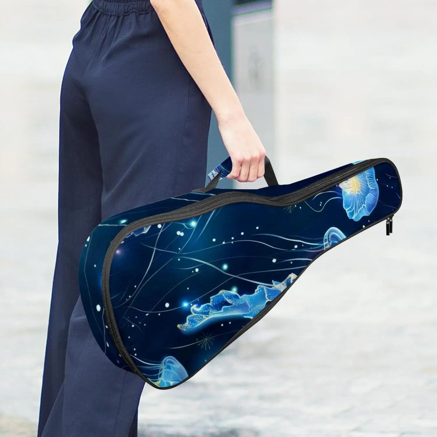 23 Inch Concert Ukulele Case Glowing Blue Jellyfish Seamless Pattern Ukulele Padded Bag with Storage and Shoulder Straps