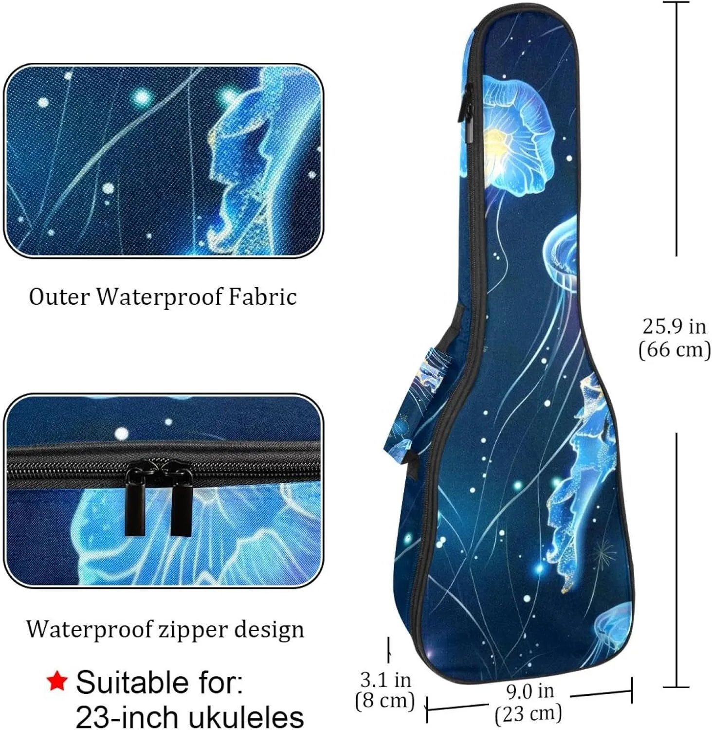 23 Inch Concert Ukulele Case Glowing Blue Jellyfish Seamless Pattern Ukulele Padded Bag with Storage and Shoulder Straps