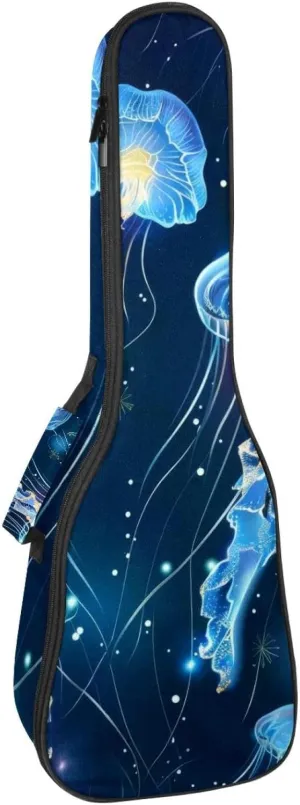 23 Inch Concert Ukulele Case Glowing Blue Jellyfish Seamless Pattern Ukulele Padded Bag with Storage and Shoulder Straps