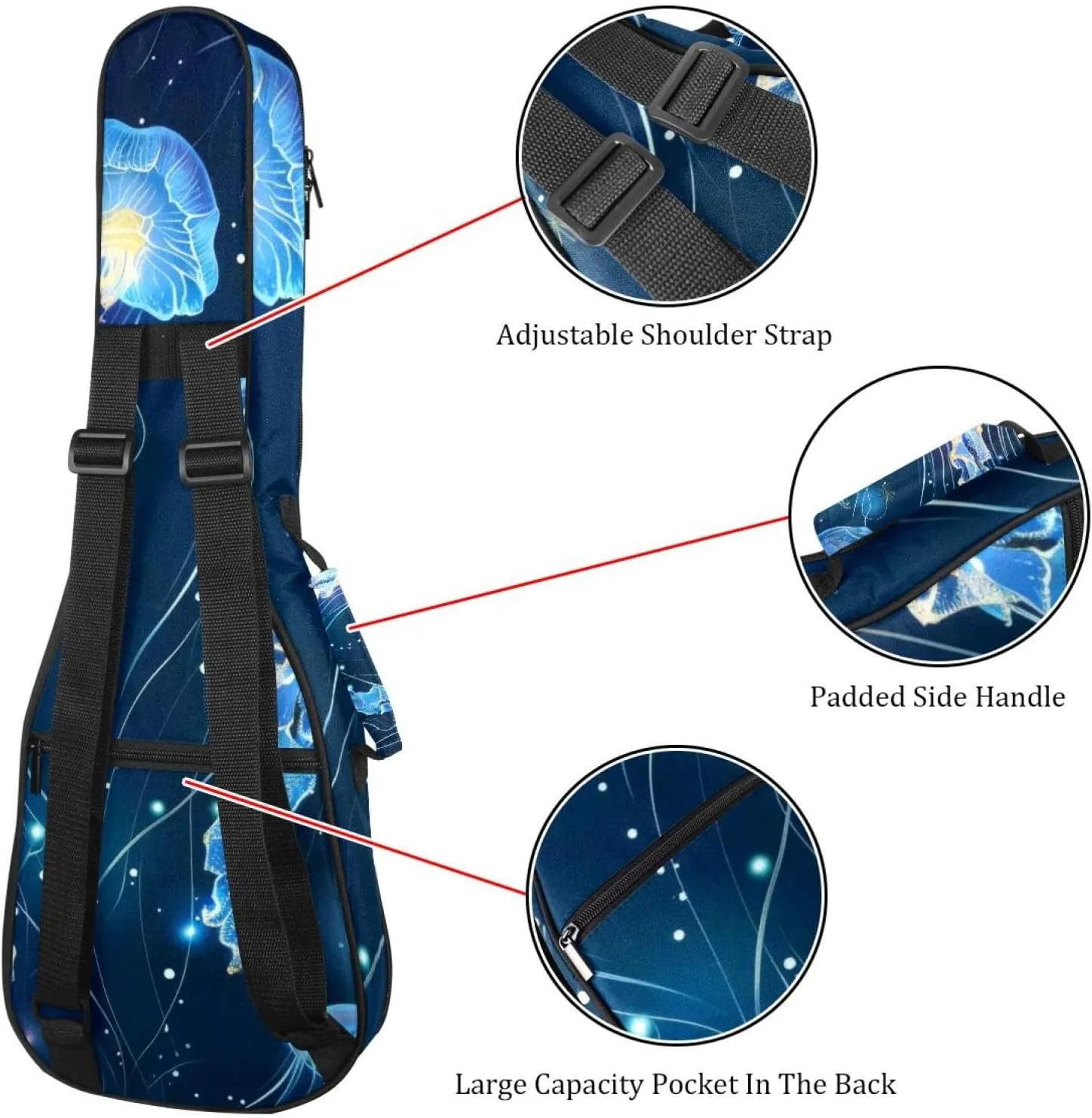 23 Inch Concert Ukulele Case Glowing Blue Jellyfish Seamless Pattern Ukulele Padded Bag with Storage and Shoulder Straps