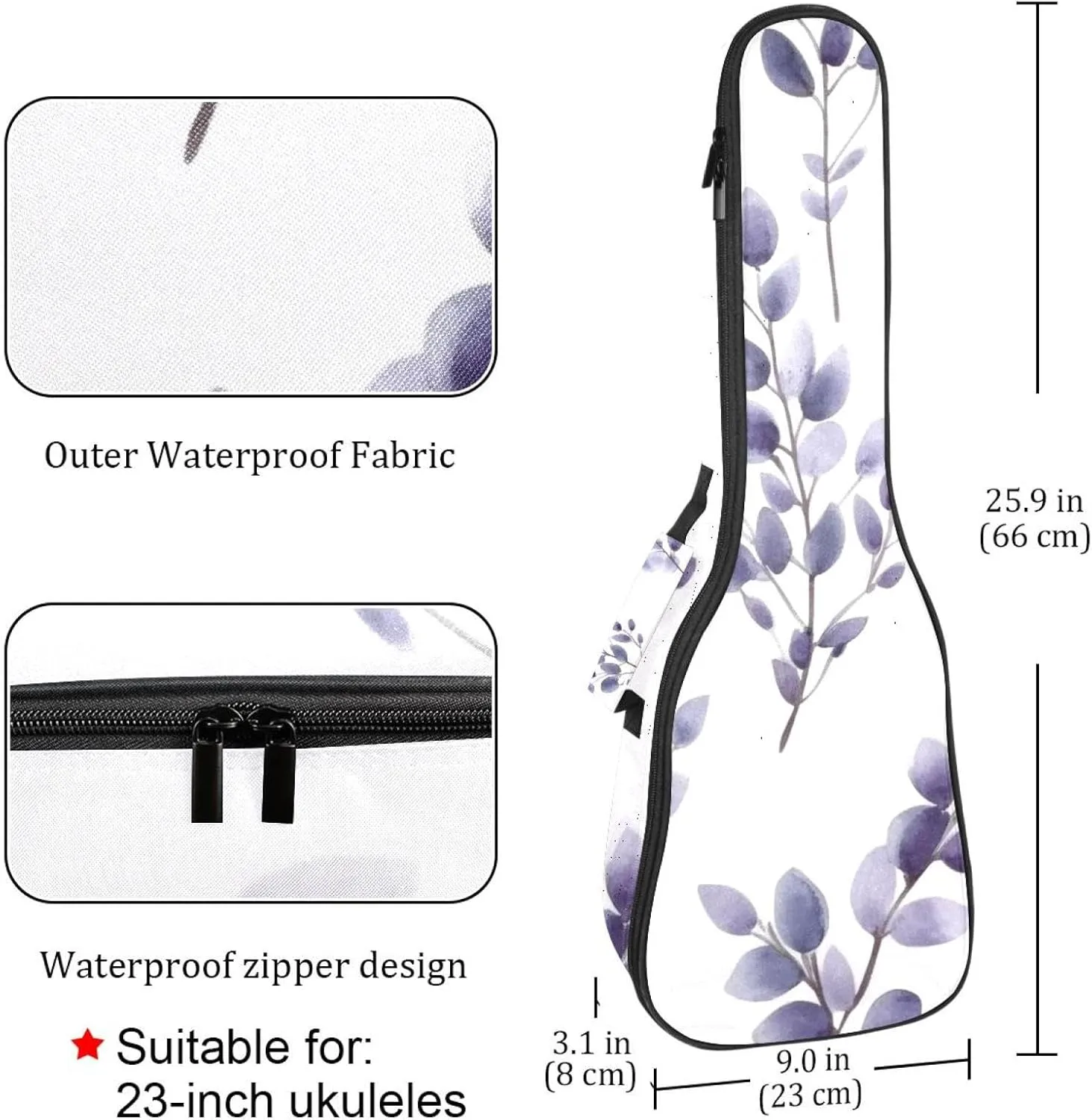 23 Inch Concert Ukulele Case Lavender Flower and Branches Ukulele Padded Bag with Storage and Shoulder Straps