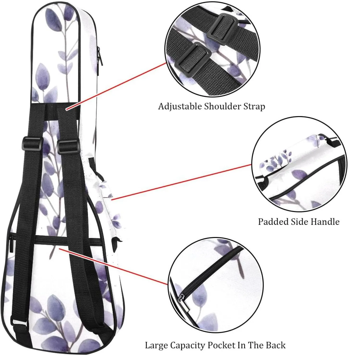 23 Inch Concert Ukulele Case Lavender Flower and Branches Ukulele Padded Bag with Storage and Shoulder Straps