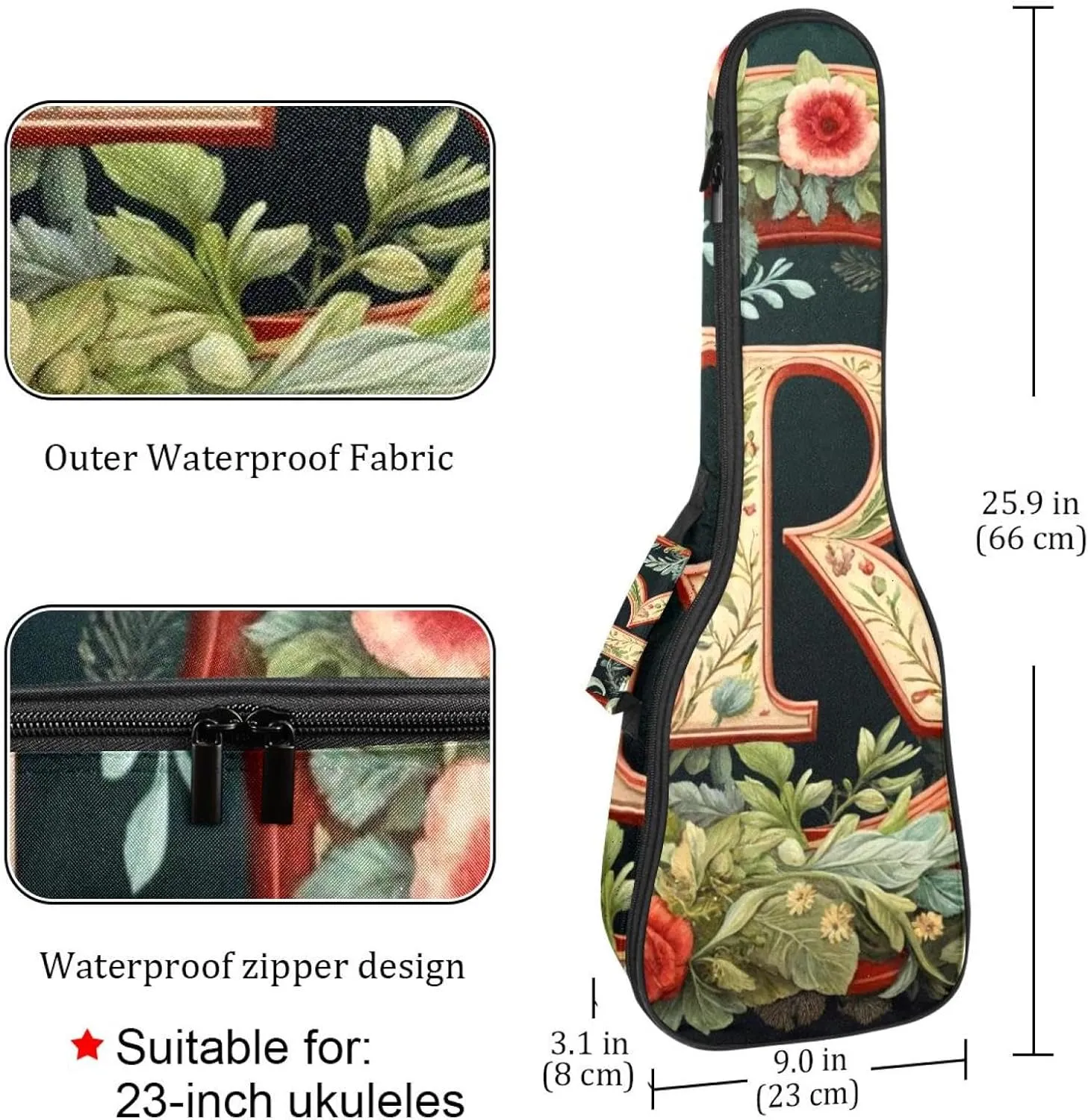 23 Inch Concert Ukulele Case Letter R Surrounded with Flowers Pattern Ukulele Padded Bag with Storage and Shoulder Straps