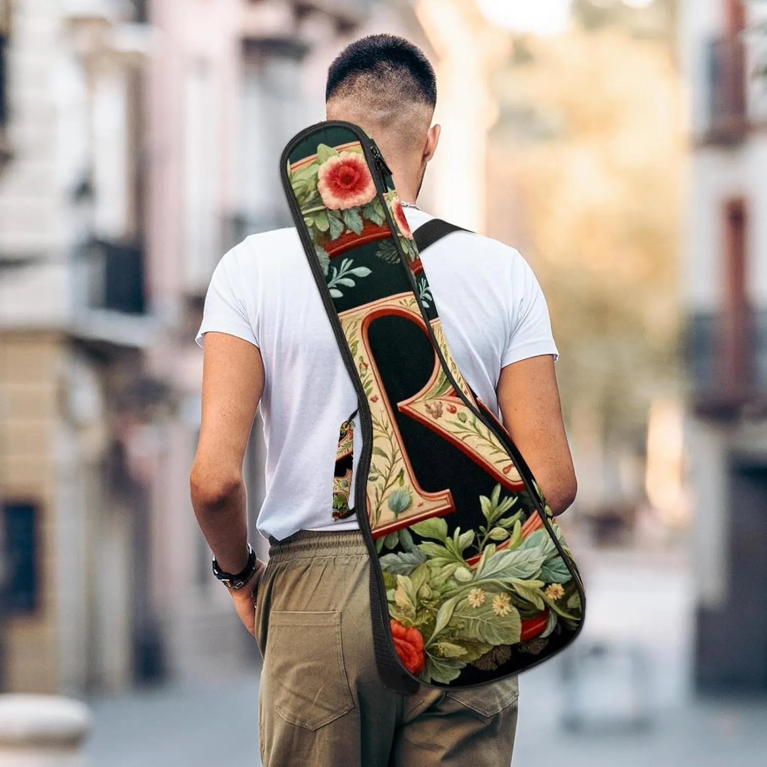 23 Inch Concert Ukulele Case Letter R Surrounded with Flowers Pattern Ukulele Padded Bag with Storage and Shoulder Straps