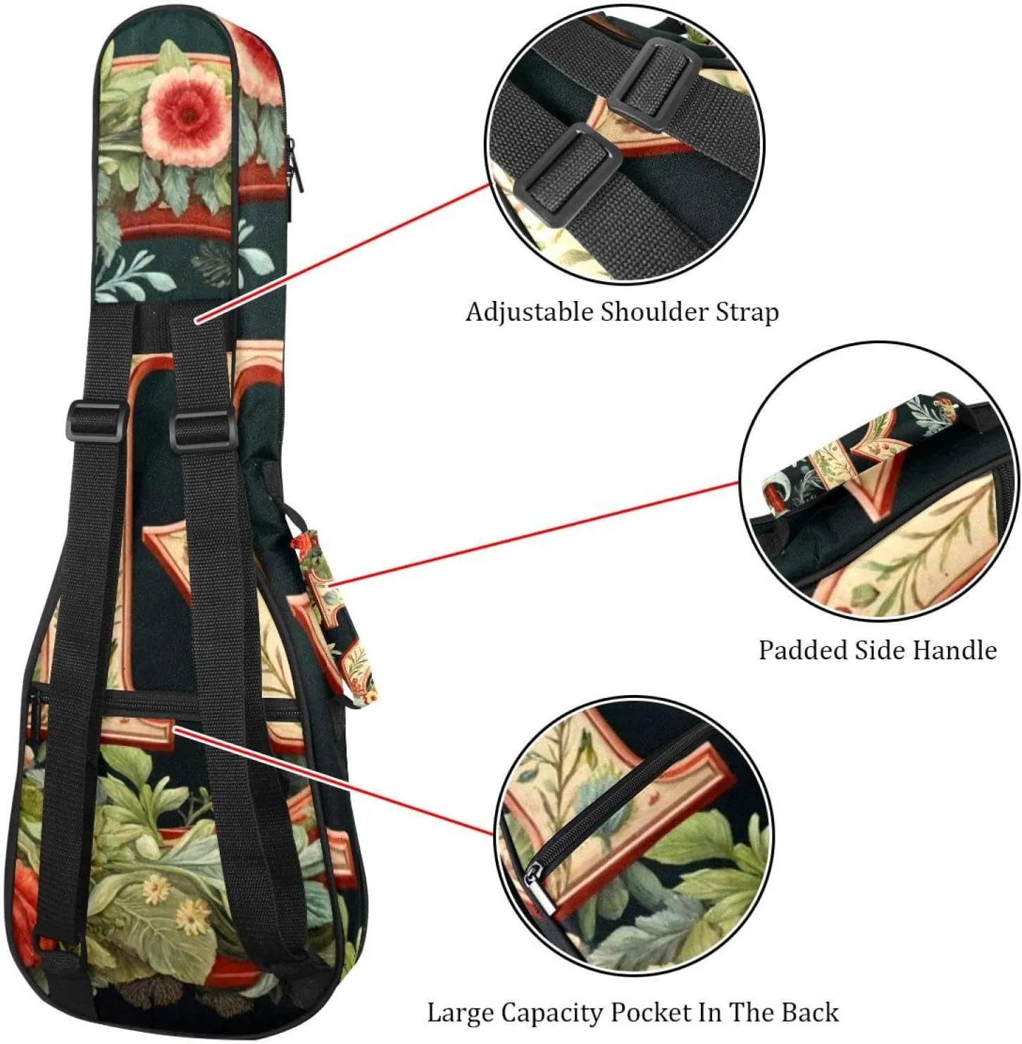 23 Inch Concert Ukulele Case Letter R Surrounded with Flowers Pattern Ukulele Padded Bag with Storage and Shoulder Straps