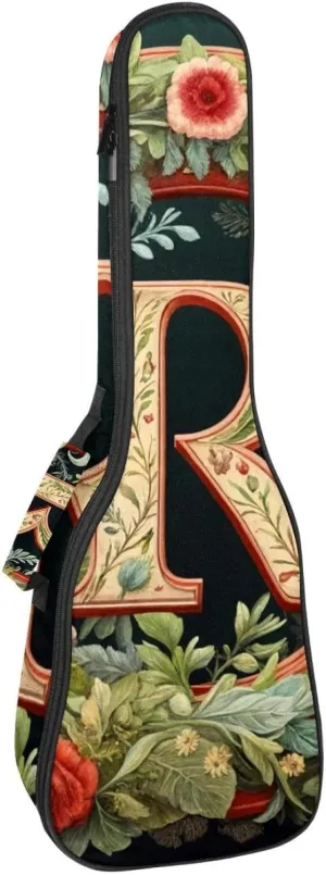 23 Inch Concert Ukulele Case Letter R Surrounded with Flowers Pattern Ukulele Padded Bag with Storage and Shoulder Straps