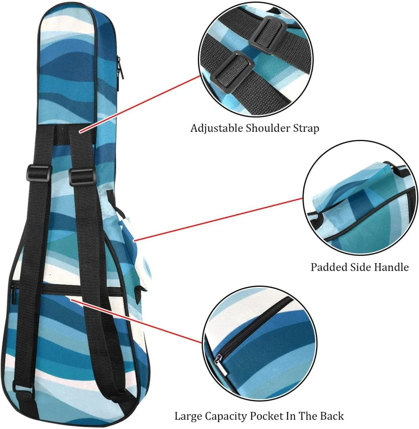 23 Inch Concert Ukulele Case Nautical Sea Tides Pattern Ukulele Padded Bag with Storage and Shoulder Straps