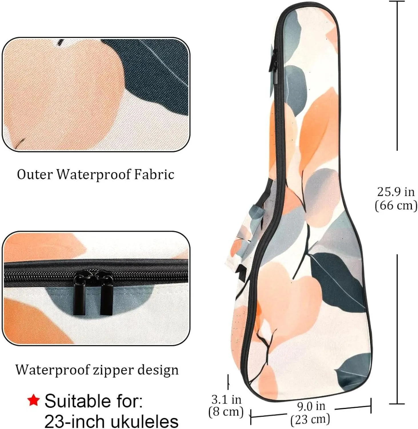 23 Inch Concert Ukulele Case Pink Orange Pastel Peach Floral snd Leaves Ukulele Padded Bag with Storage and Shoulder Straps