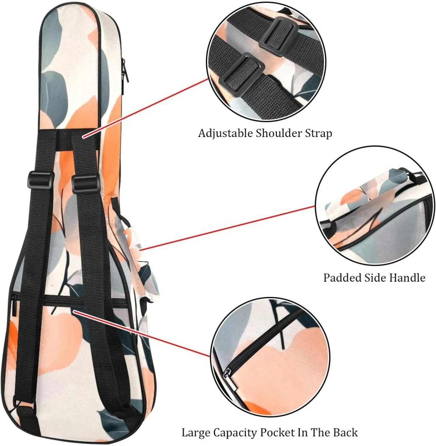 23 Inch Concert Ukulele Case Pink Orange Pastel Peach Floral snd Leaves Ukulele Padded Bag with Storage and Shoulder Straps