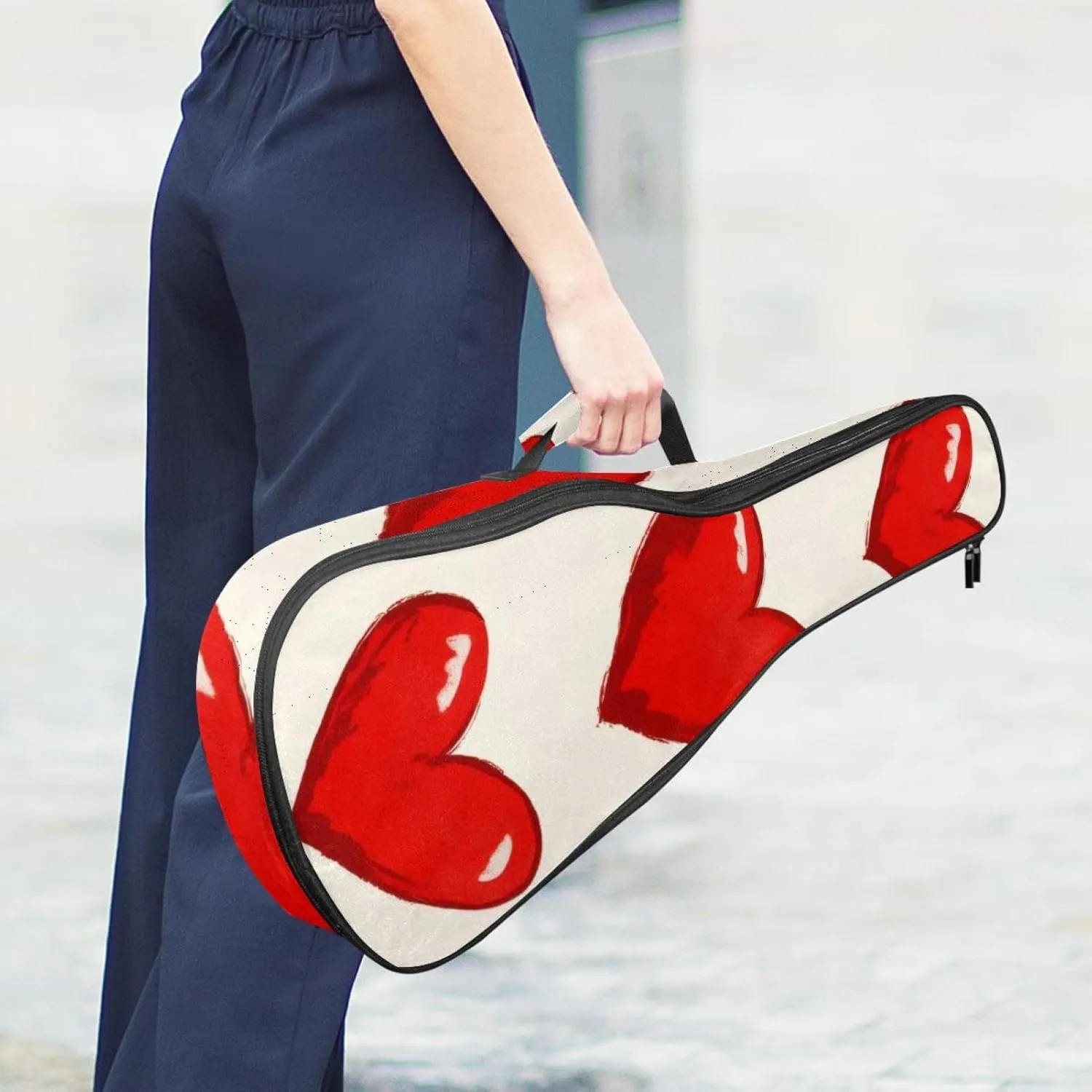 23 Inch Concert Ukulele Case Red Hearts on Cream Background Ukulele Padded Bag with Storage and Shoulder Straps