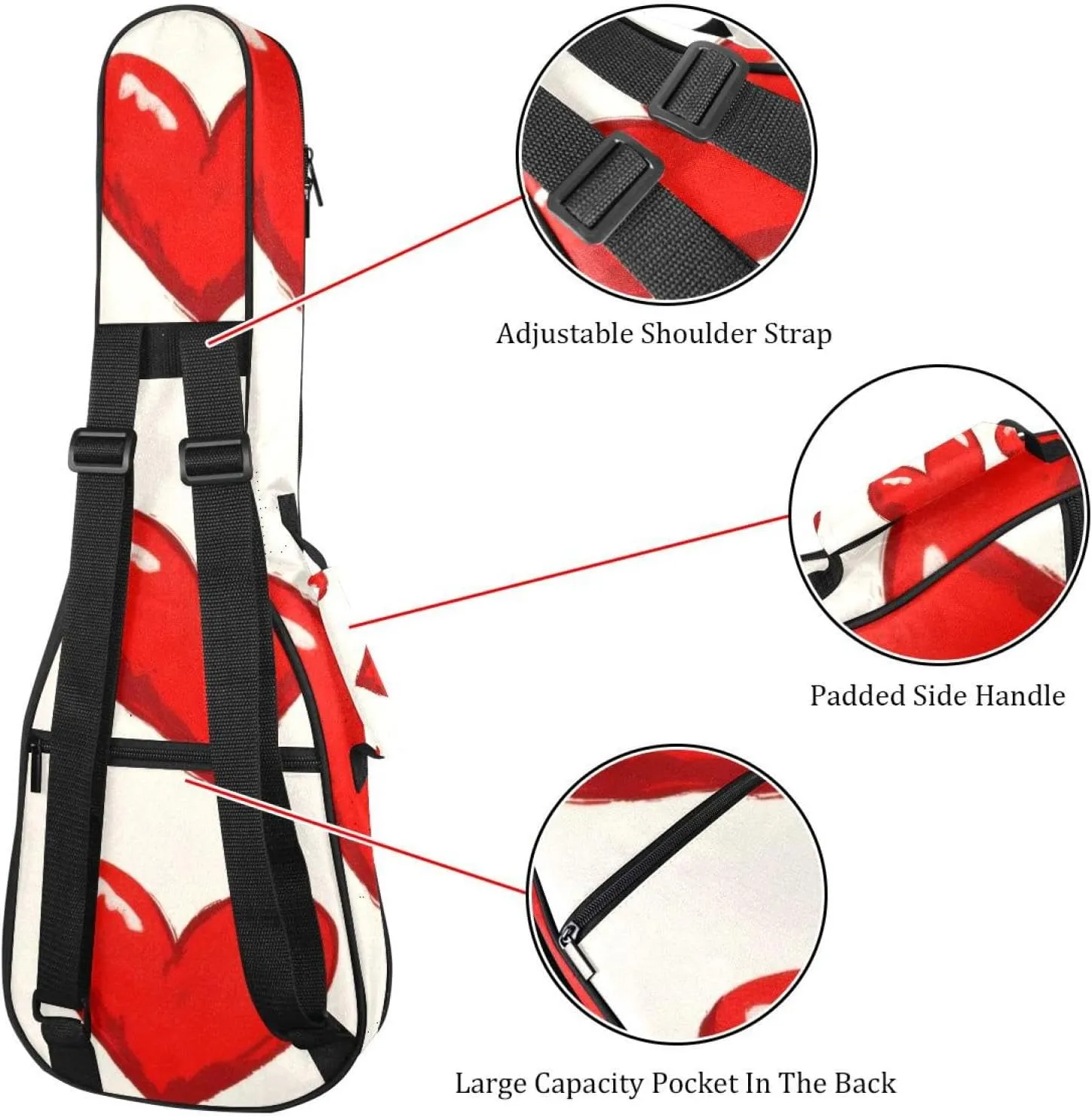 23 Inch Concert Ukulele Case Red Hearts on Cream Background Ukulele Padded Bag with Storage and Shoulder Straps