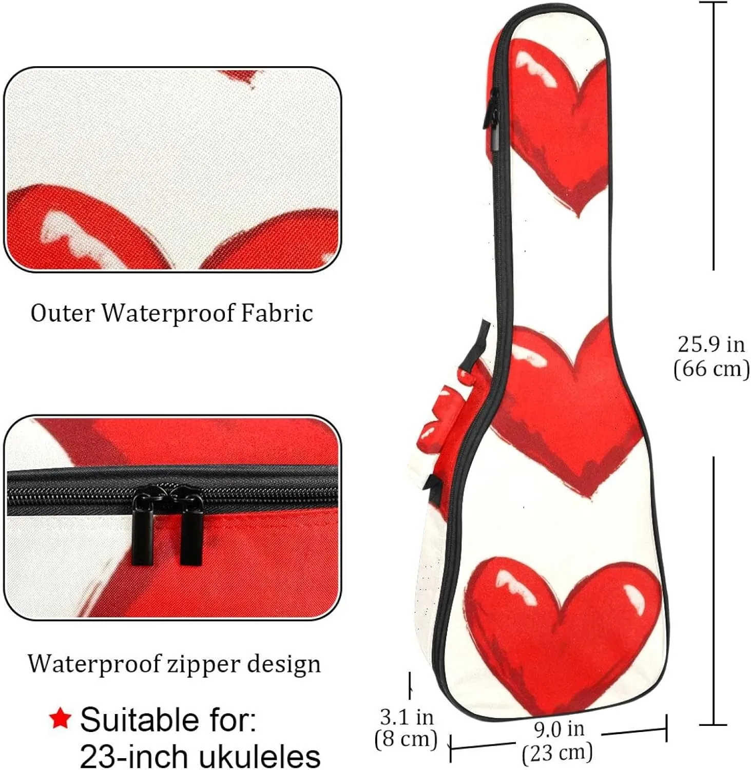 23 Inch Concert Ukulele Case Red Hearts on Cream Background Ukulele Padded Bag with Storage and Shoulder Straps