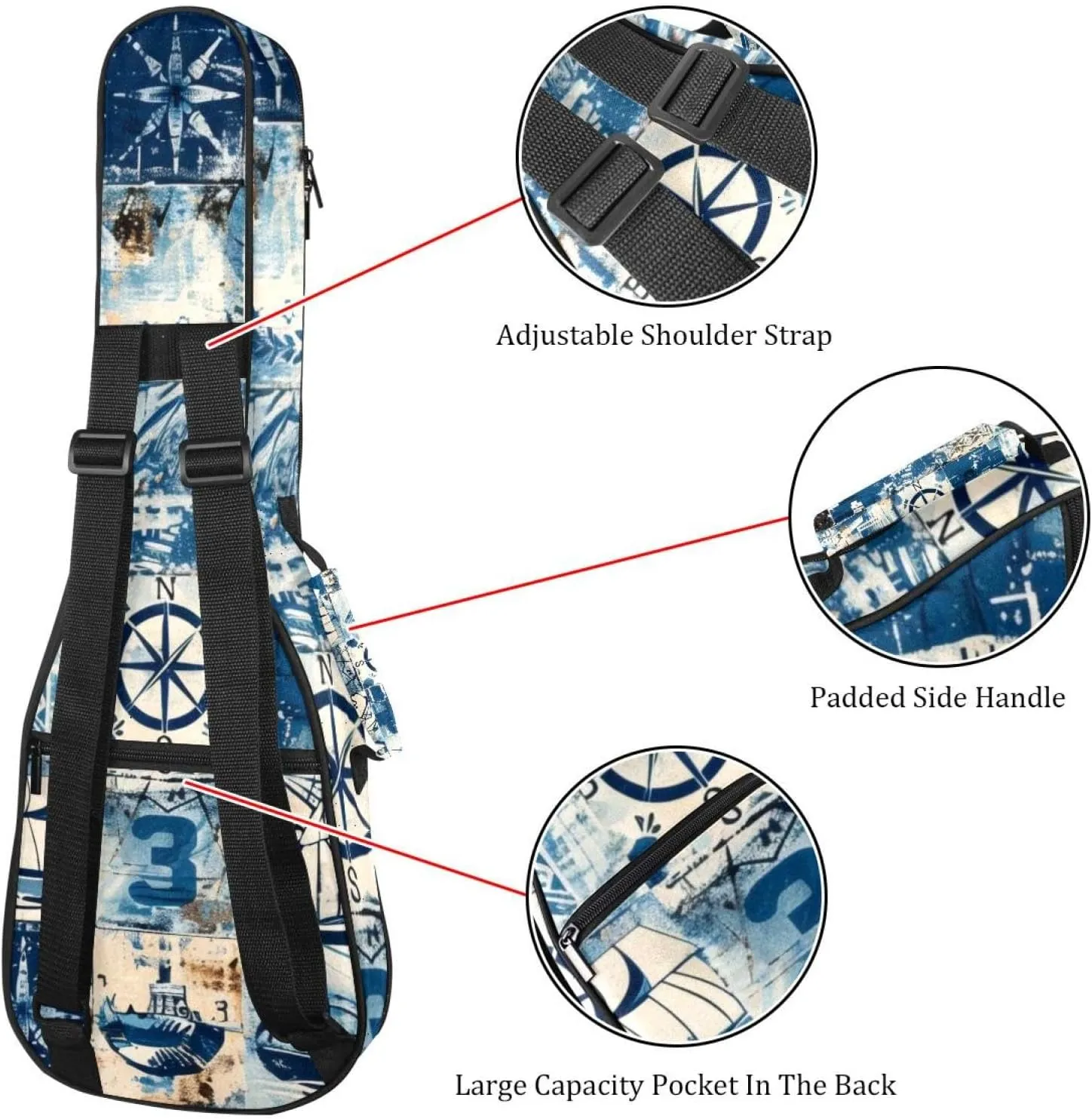 23 Inch Concert Ukulele Case Retro Nautical Style Marine Sailing Elements Ukulele Padded Bag with Storage and Shoulder Straps