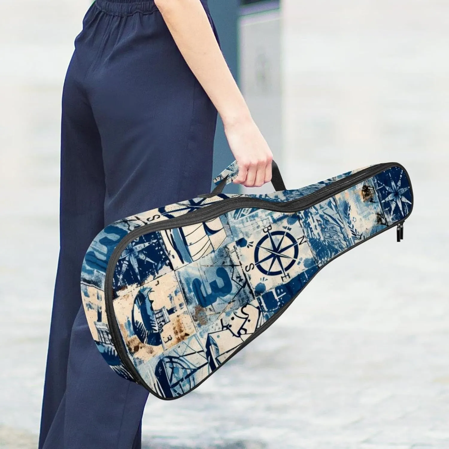 23 Inch Concert Ukulele Case Retro Nautical Style Marine Sailing Elements Ukulele Padded Bag with Storage and Shoulder Straps