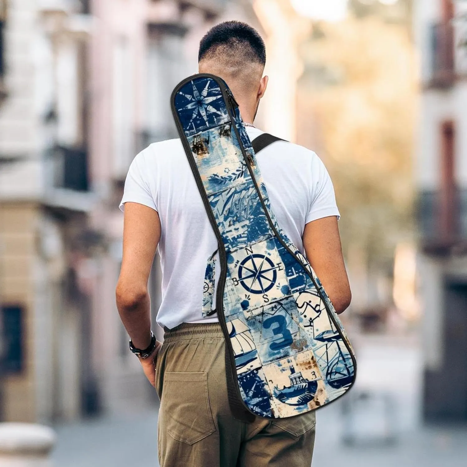 23 Inch Concert Ukulele Case Retro Nautical Style Marine Sailing Elements Ukulele Padded Bag with Storage and Shoulder Straps