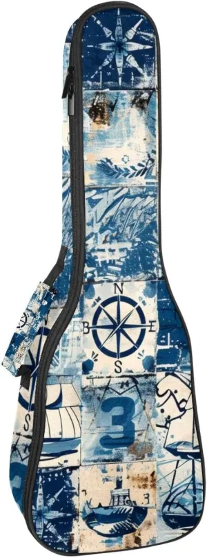 23 Inch Concert Ukulele Case Retro Nautical Style Marine Sailing Elements Ukulele Padded Bag with Storage and Shoulder Straps