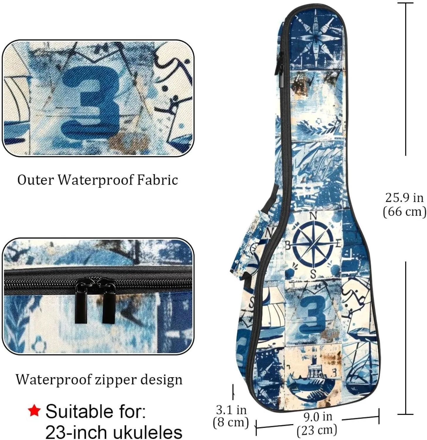 23 Inch Concert Ukulele Case Retro Nautical Style Marine Sailing Elements Ukulele Padded Bag with Storage and Shoulder Straps