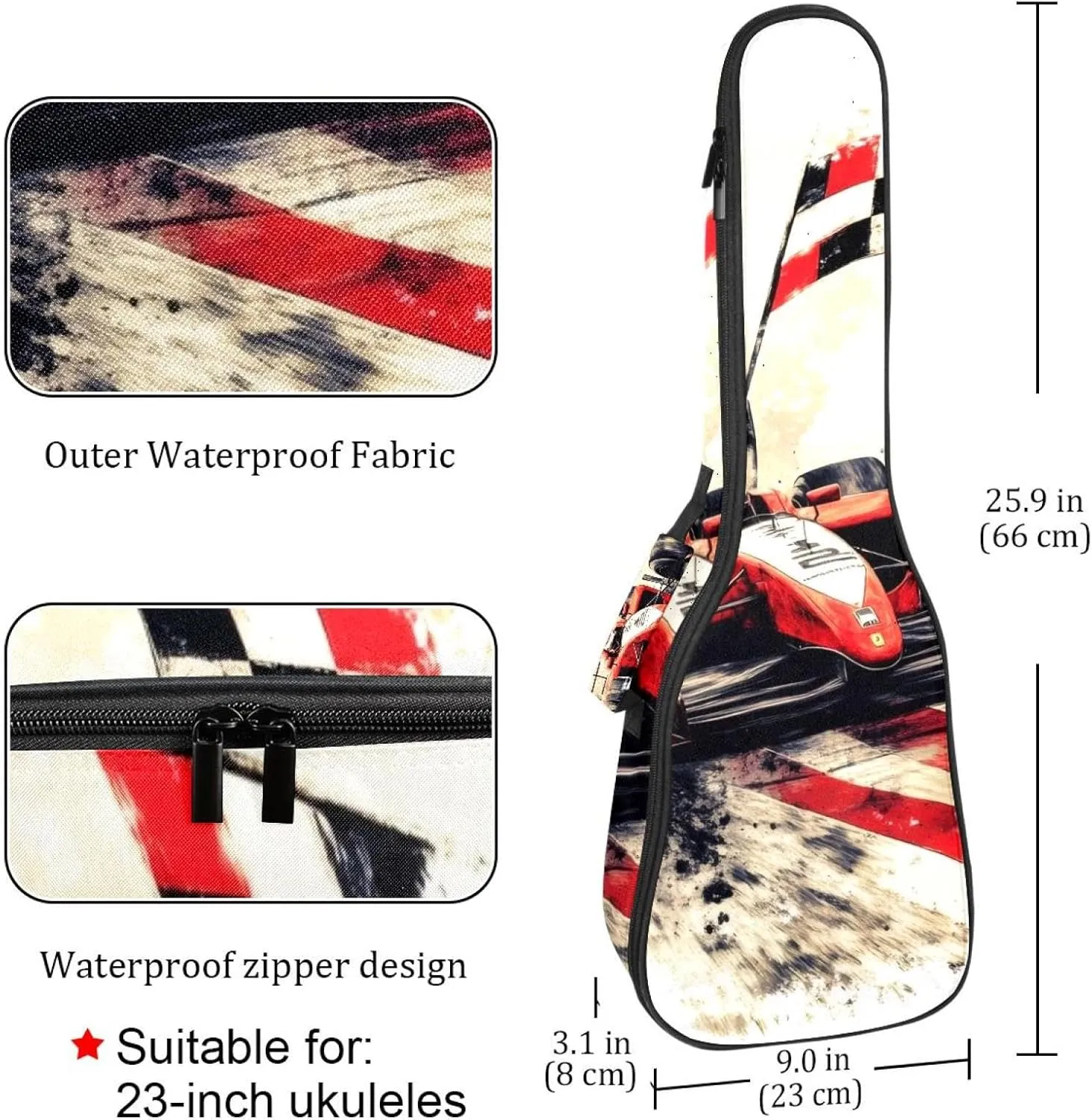 23 Inch Concert Ukulele Case Retro Speeding Racing Car with Checkered Flag Ukulele Padded Bag with Storage and Shoulder Straps