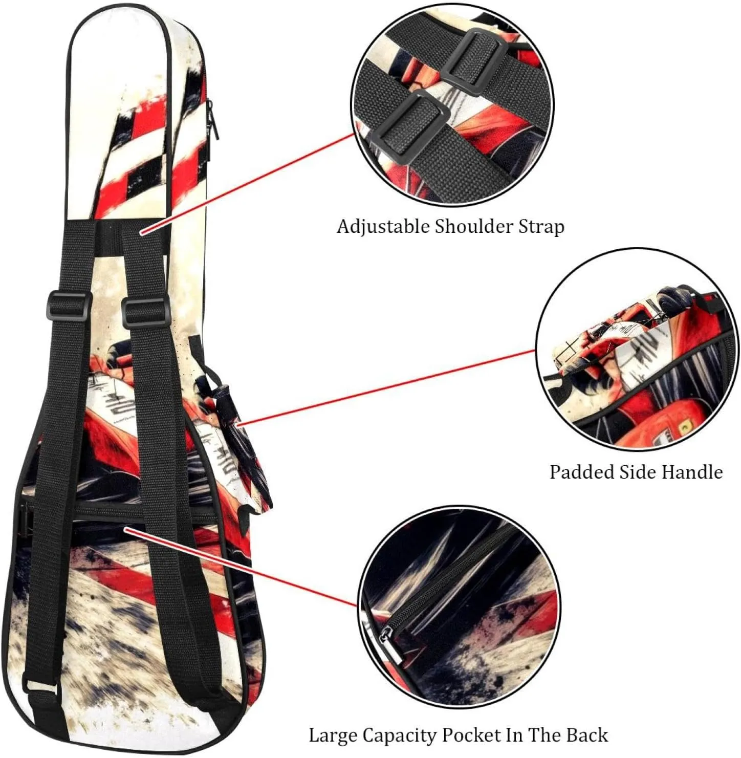 23 Inch Concert Ukulele Case Retro Speeding Racing Car with Checkered Flag Ukulele Padded Bag with Storage and Shoulder Straps