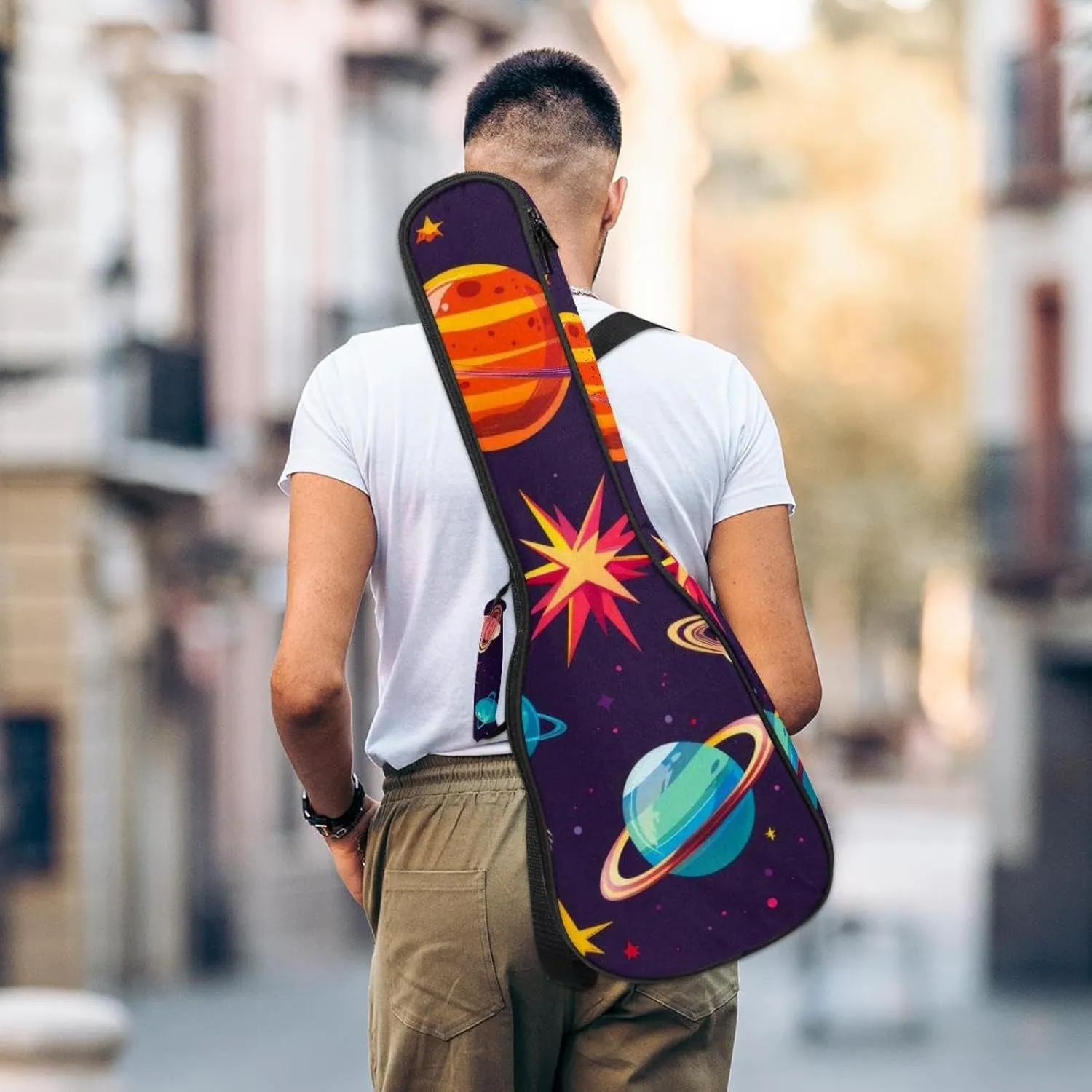 23 Inch Concert Ukulele Case Space Planets and Stars Cartoon Pattern Ukulele Padded Bag with Storage and Shoulder Straps
