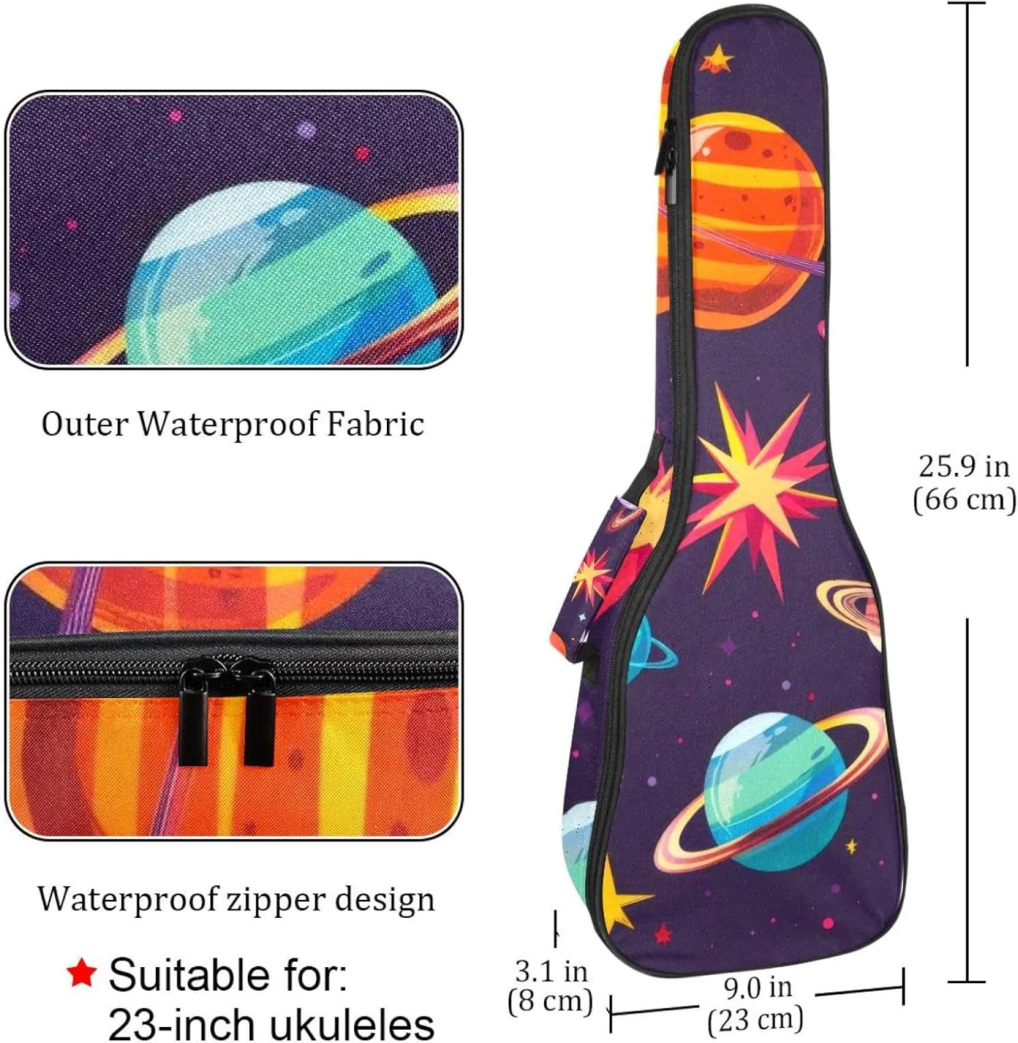 23 Inch Concert Ukulele Case Space Planets and Stars Cartoon Pattern Ukulele Padded Bag with Storage and Shoulder Straps