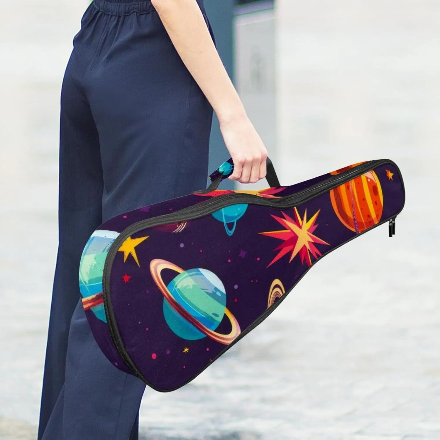 23 Inch Concert Ukulele Case Space Planets and Stars Cartoon Pattern Ukulele Padded Bag with Storage and Shoulder Straps