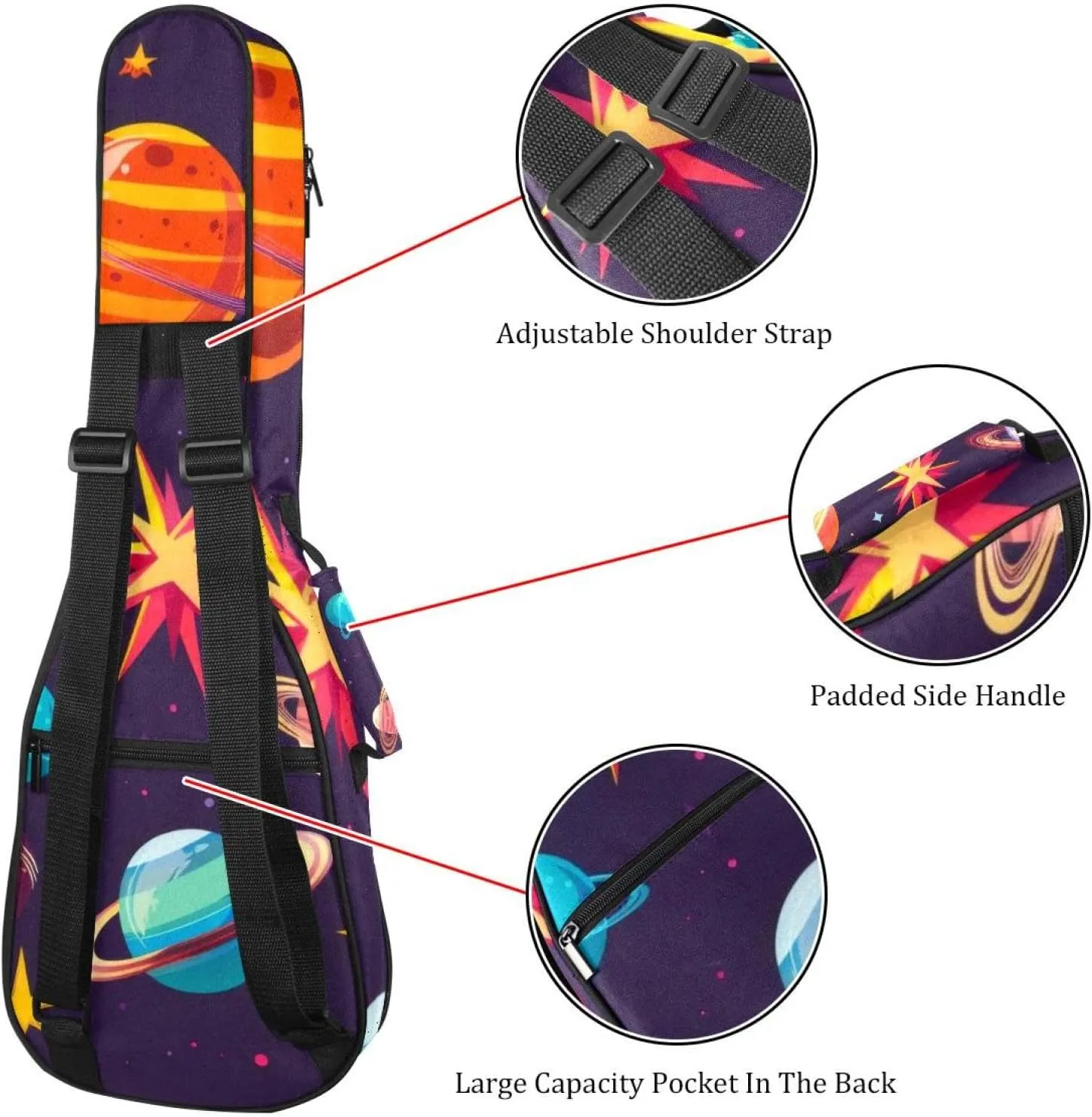 23 Inch Concert Ukulele Case Space Planets and Stars Cartoon Pattern Ukulele Padded Bag with Storage and Shoulder Straps