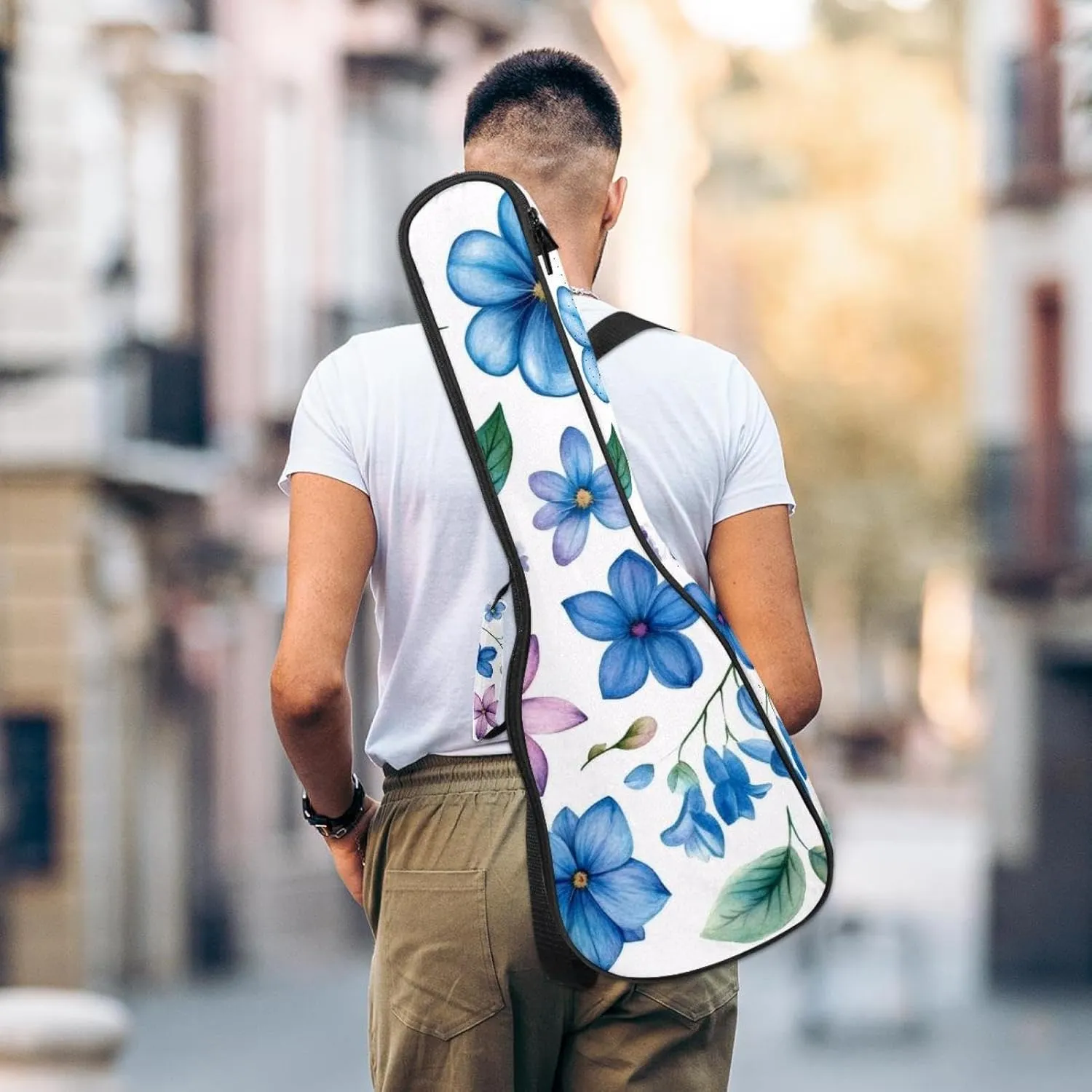 23 Inch Concert Ukulele Case Watercolor Blue and Pink Flowers and Leaves Ukulele Padded Bag with Storage and Shoulder Straps