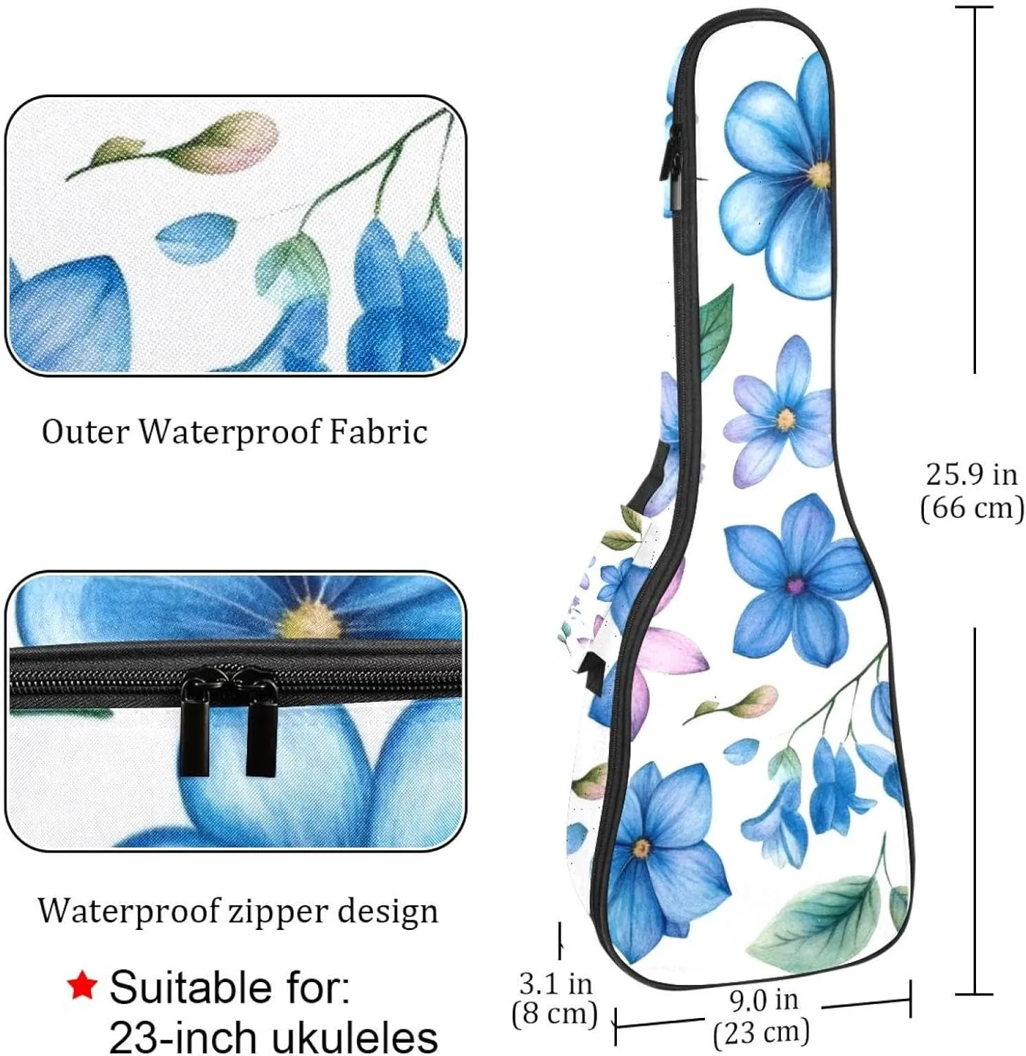 23 Inch Concert Ukulele Case Watercolor Blue and Pink Flowers and Leaves Ukulele Padded Bag with Storage and Shoulder Straps