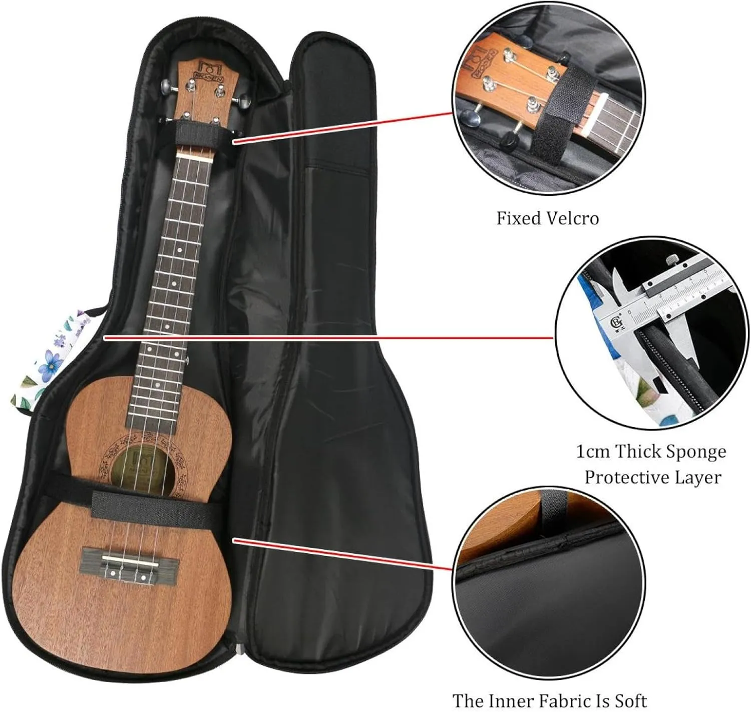 23 Inch Concert Ukulele Case Watercolor Blue and Pink Flowers and Leaves Ukulele Padded Bag with Storage and Shoulder Straps