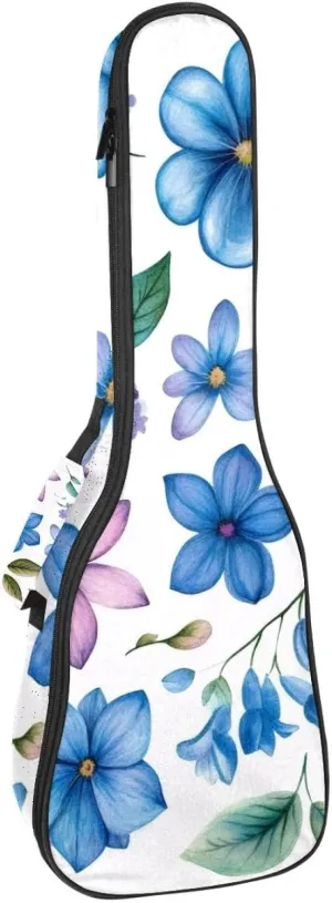 23 Inch Concert Ukulele Case Watercolor Blue and Pink Flowers and Leaves Ukulele Padded Bag with Storage and Shoulder Straps
