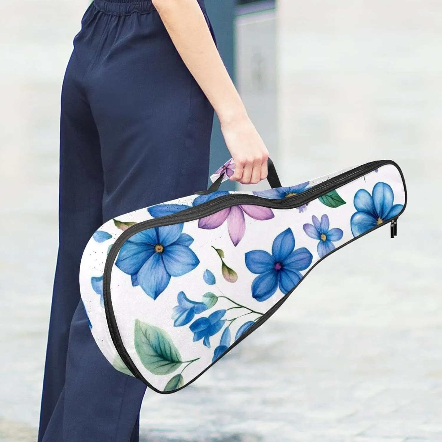 23 Inch Concert Ukulele Case Watercolor Blue and Pink Flowers and Leaves Ukulele Padded Bag with Storage and Shoulder Straps
