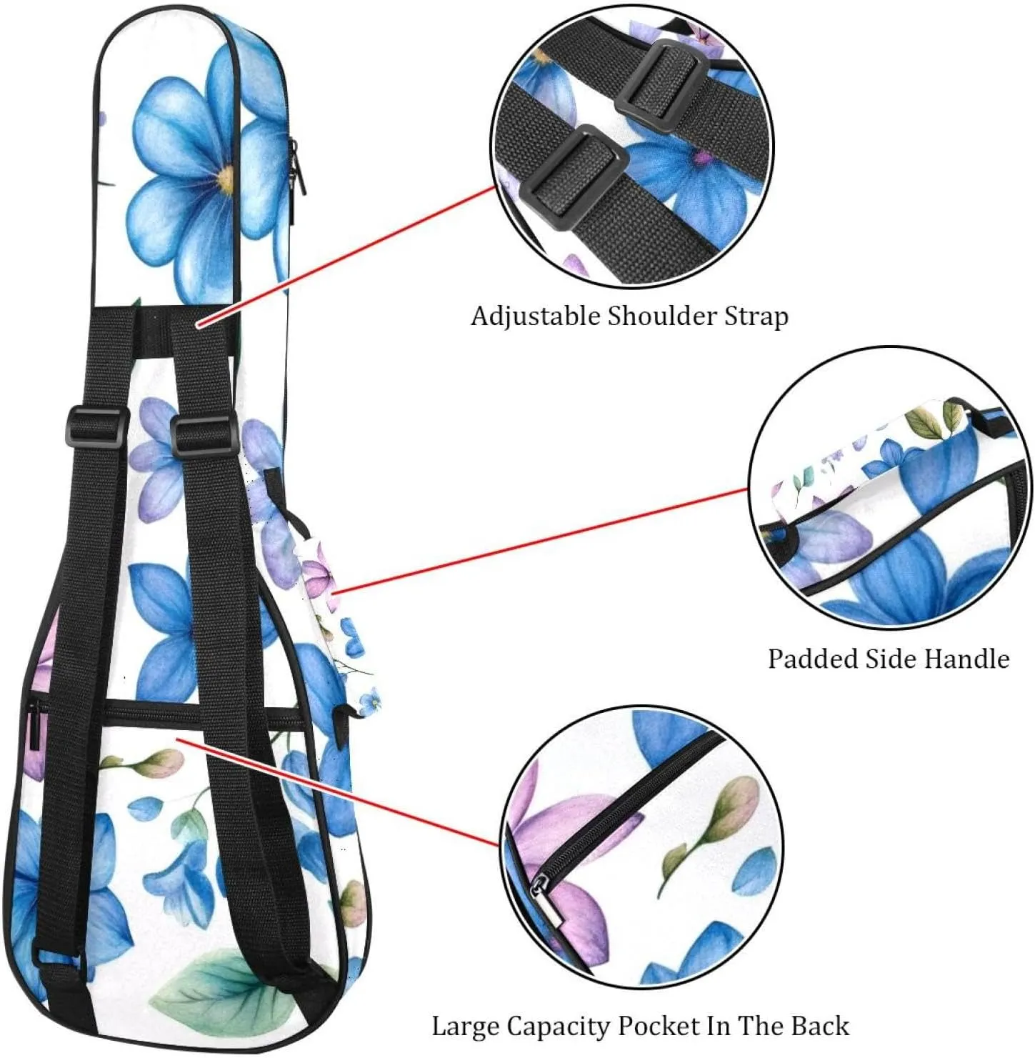 23 Inch Concert Ukulele Case Watercolor Blue and Pink Flowers and Leaves Ukulele Padded Bag with Storage and Shoulder Straps