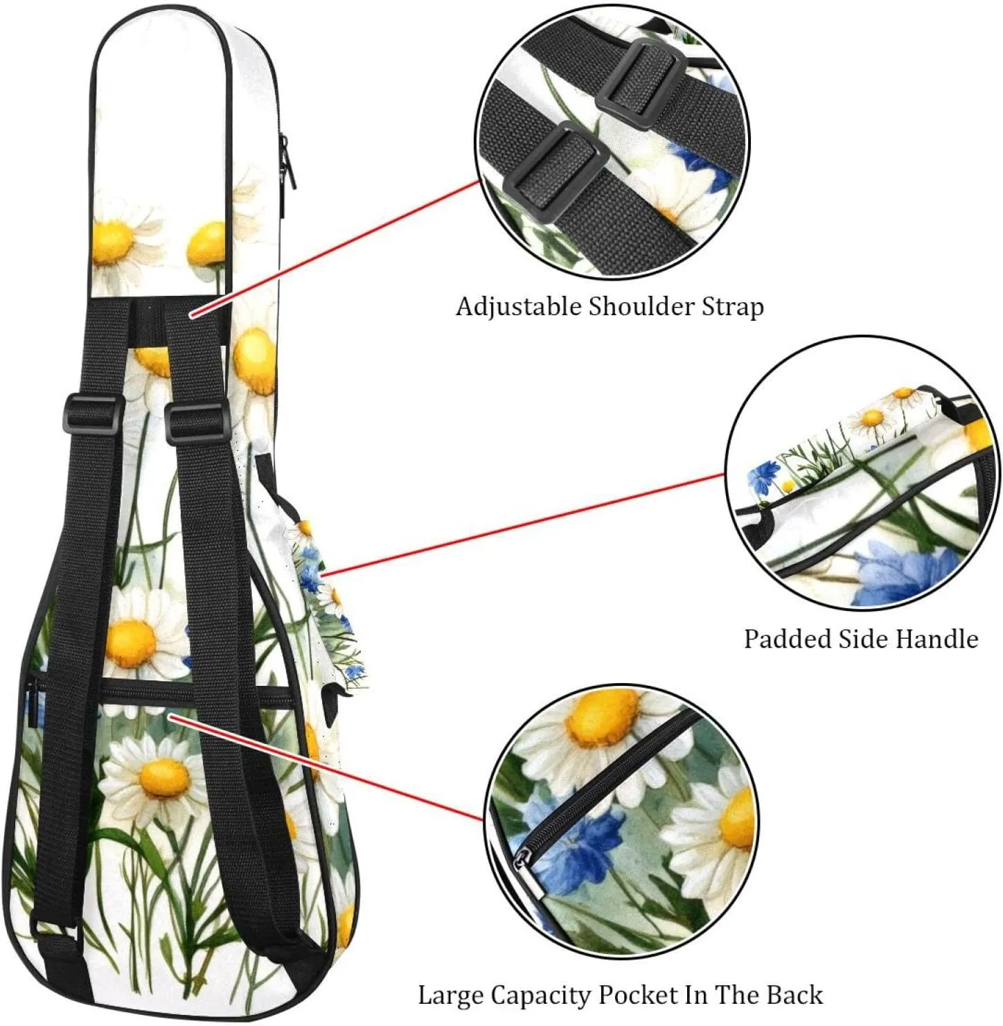 23 Inch Concert Ukulele Case Watercolor Blue Flowers Yellow Chamomile Flowers Ukulele Padded Bag with Storage and Shoulder Straps