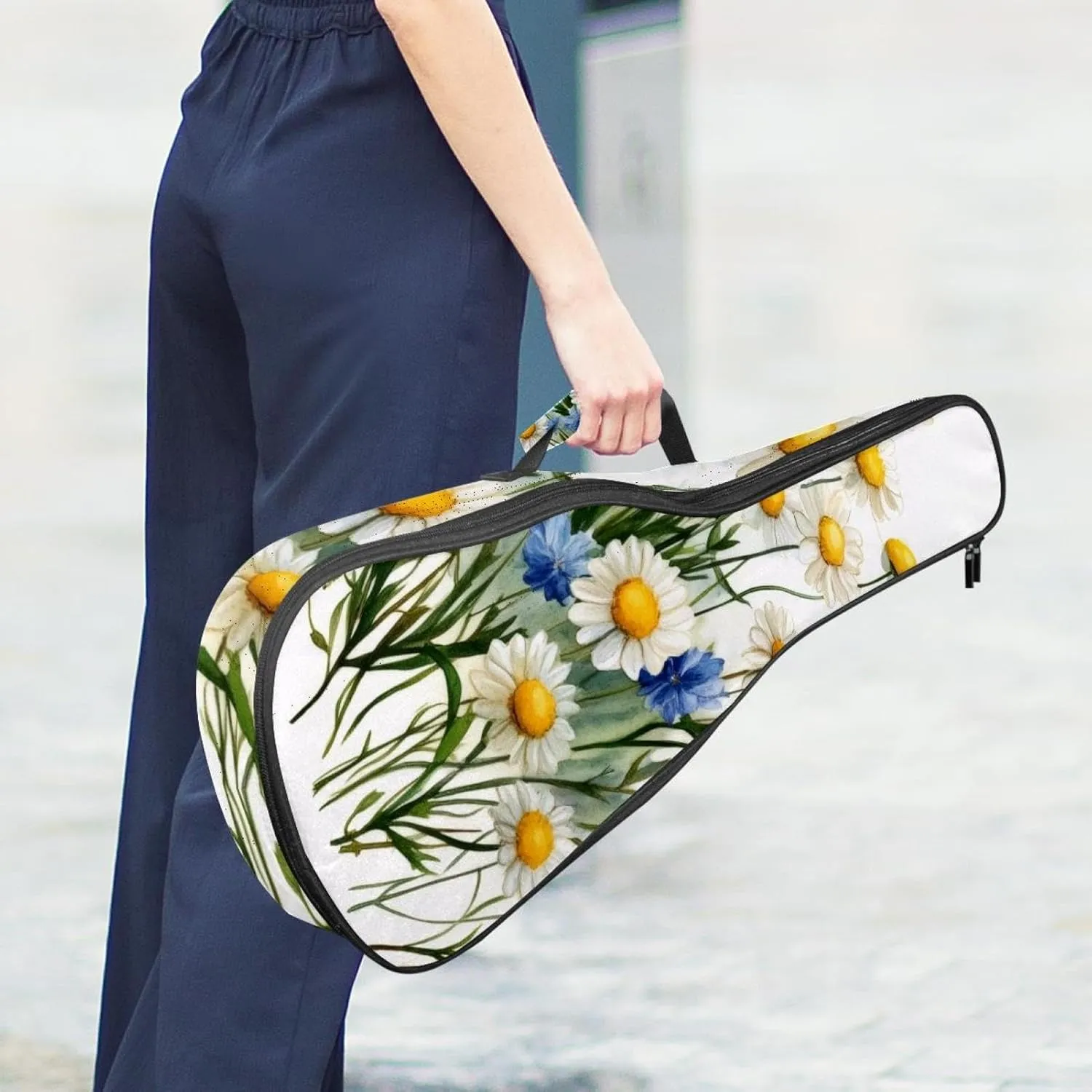 23 Inch Concert Ukulele Case Watercolor Blue Flowers Yellow Chamomile Flowers Ukulele Padded Bag with Storage and Shoulder Straps