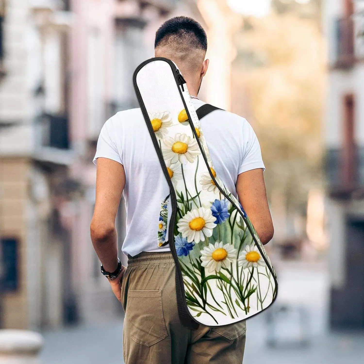 23 Inch Concert Ukulele Case Watercolor Blue Flowers Yellow Chamomile Flowers Ukulele Padded Bag with Storage and Shoulder Straps